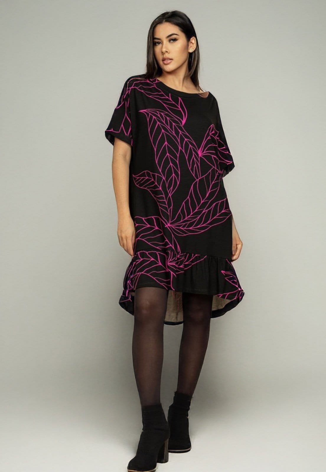 Vestido Cabanafree Curto Malha Mullet Amplo Babado Estampa Antúrios Lilás