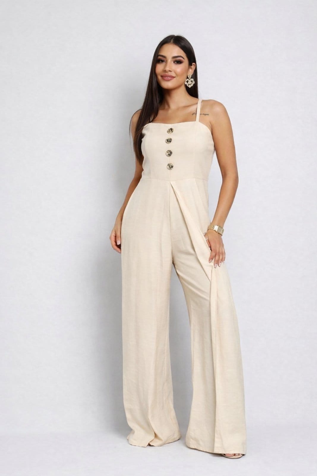 Macacão Longo D Bell Outlet Fashion Alcinha Creme