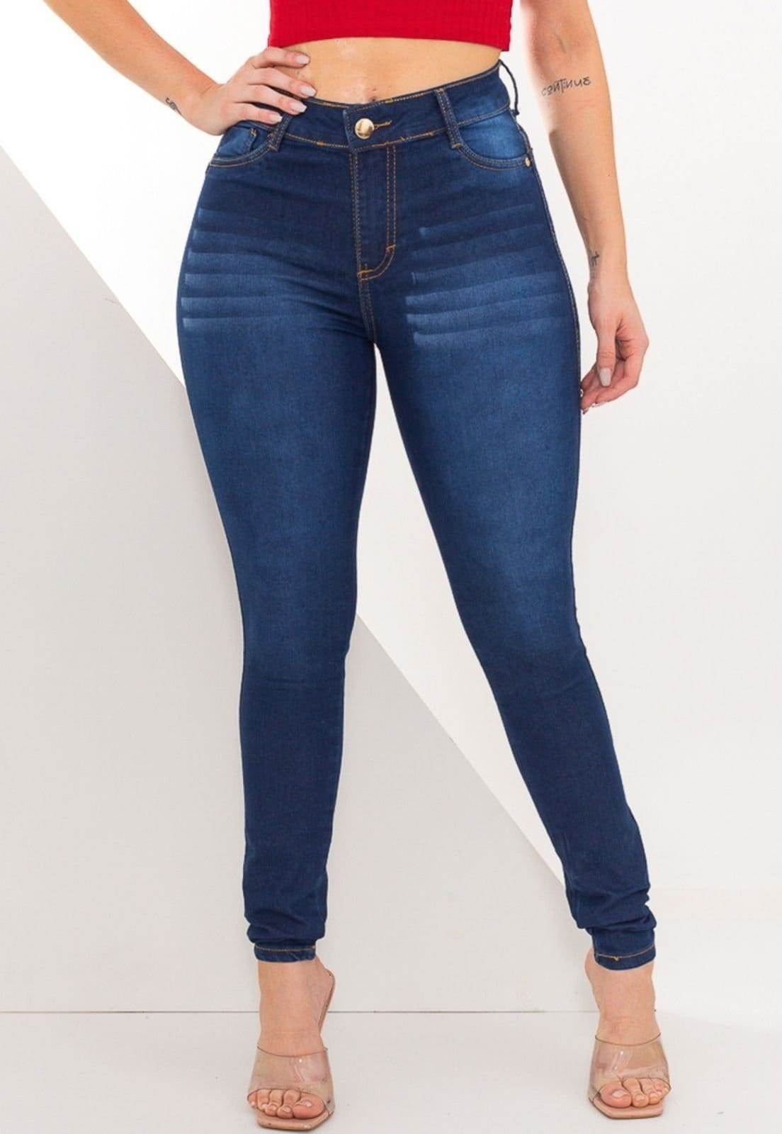 Calça Skinny Jeans Feminina Tex Jeans Elastano Confortável Lavagem Escura Detalhada
