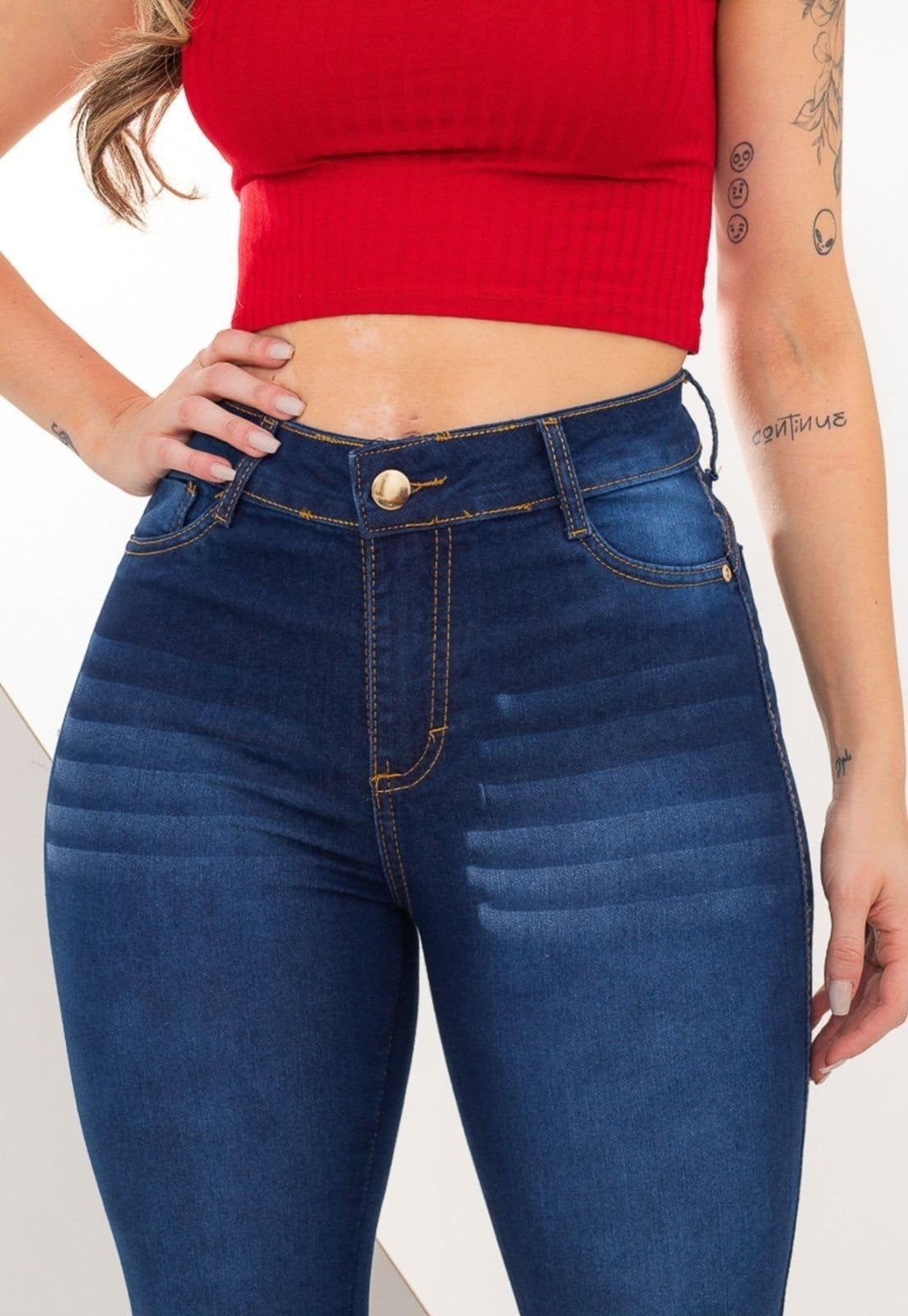 Vista 2 Calça Skinny Jeans Feminina Tex Jeans Elastano Confortável Lavagem Escura Detalhada TEX JEANS azul