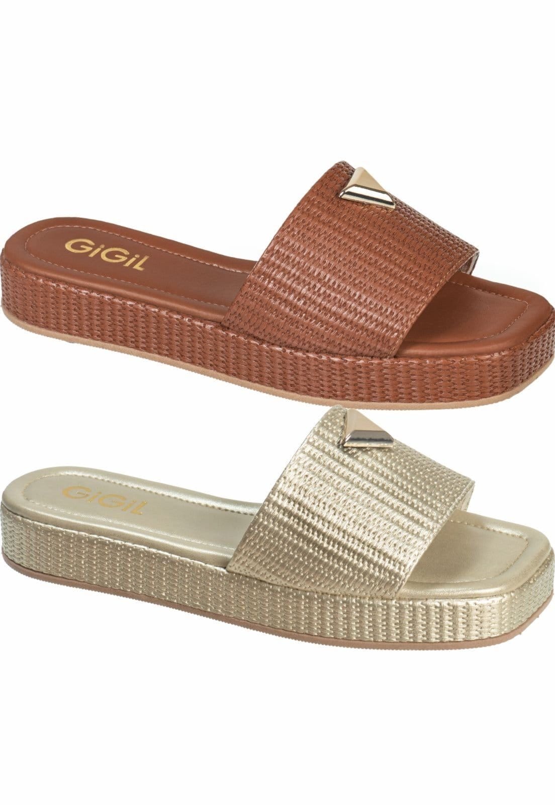 Kit 2 Pares Rasteira Tamanco Feminino GiGiL Flatform Baixo Detalhe Triangulo Metalizado Papete Juta Tressê