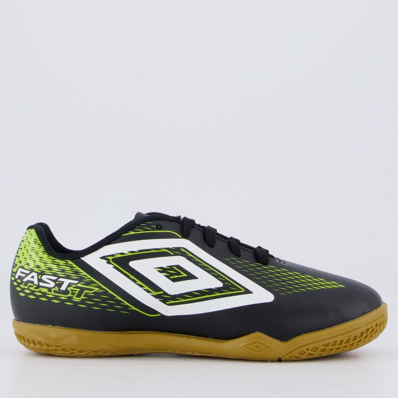 Vista principal Chuteira Umbro Fast II Futsal Juvenil Preta e Verde Umbro preto verde