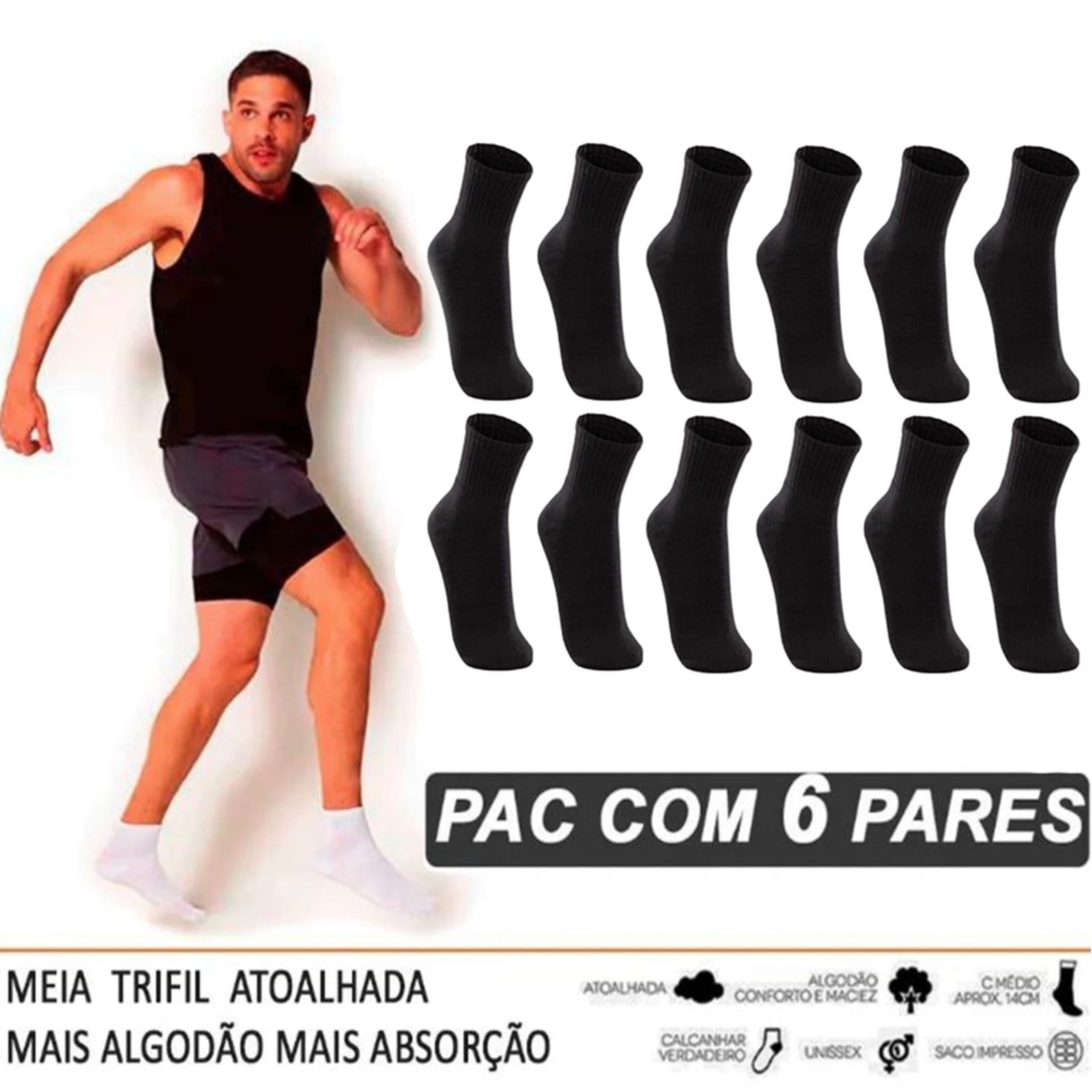 Vista 2 Kit 6 Pares Meias Trifil Cano Médio Sport TRIFIL preto