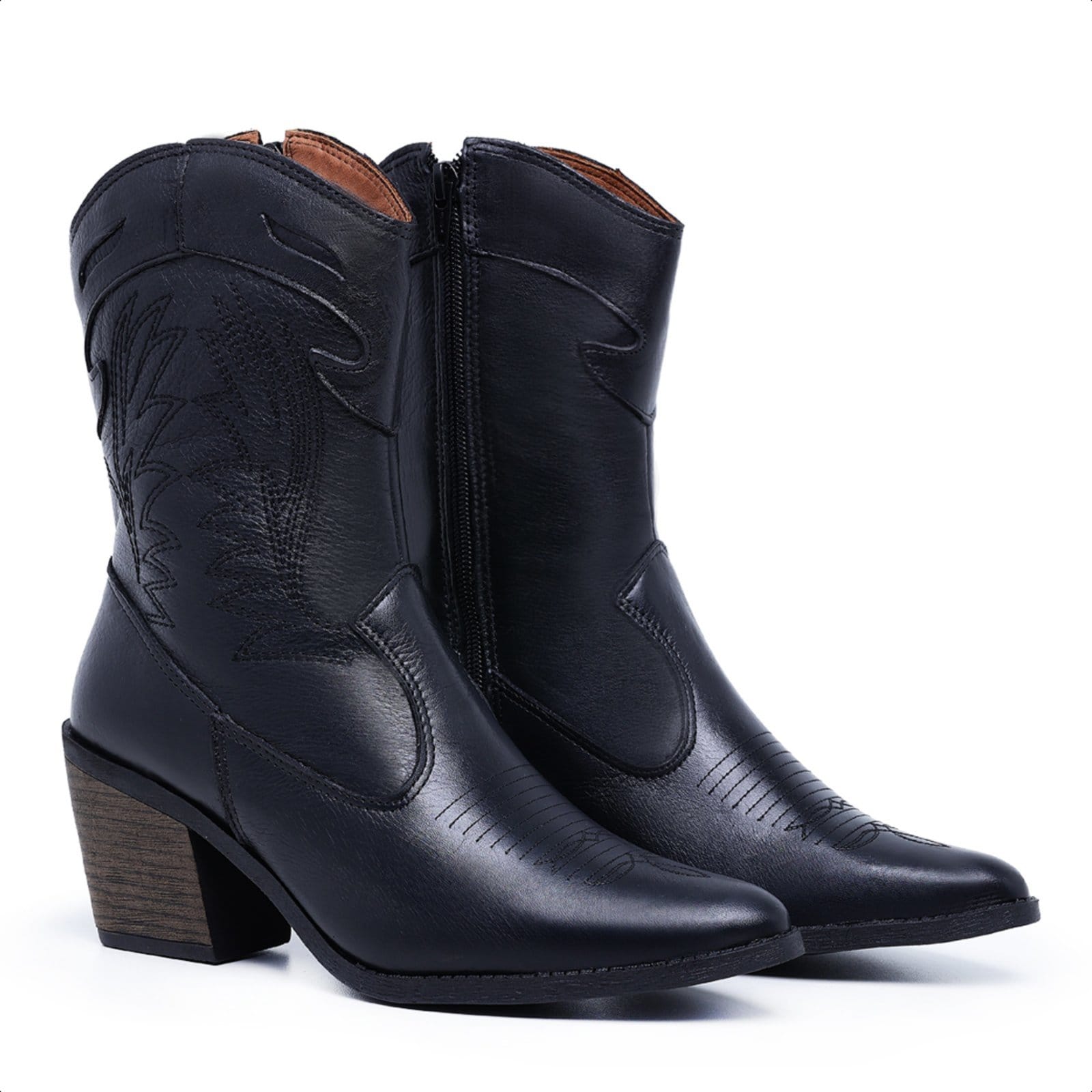 Vista 2 Bota Western Texana Bordada Confort Feminina com Ziper Lateral Mod.3001 Mister Couros preto