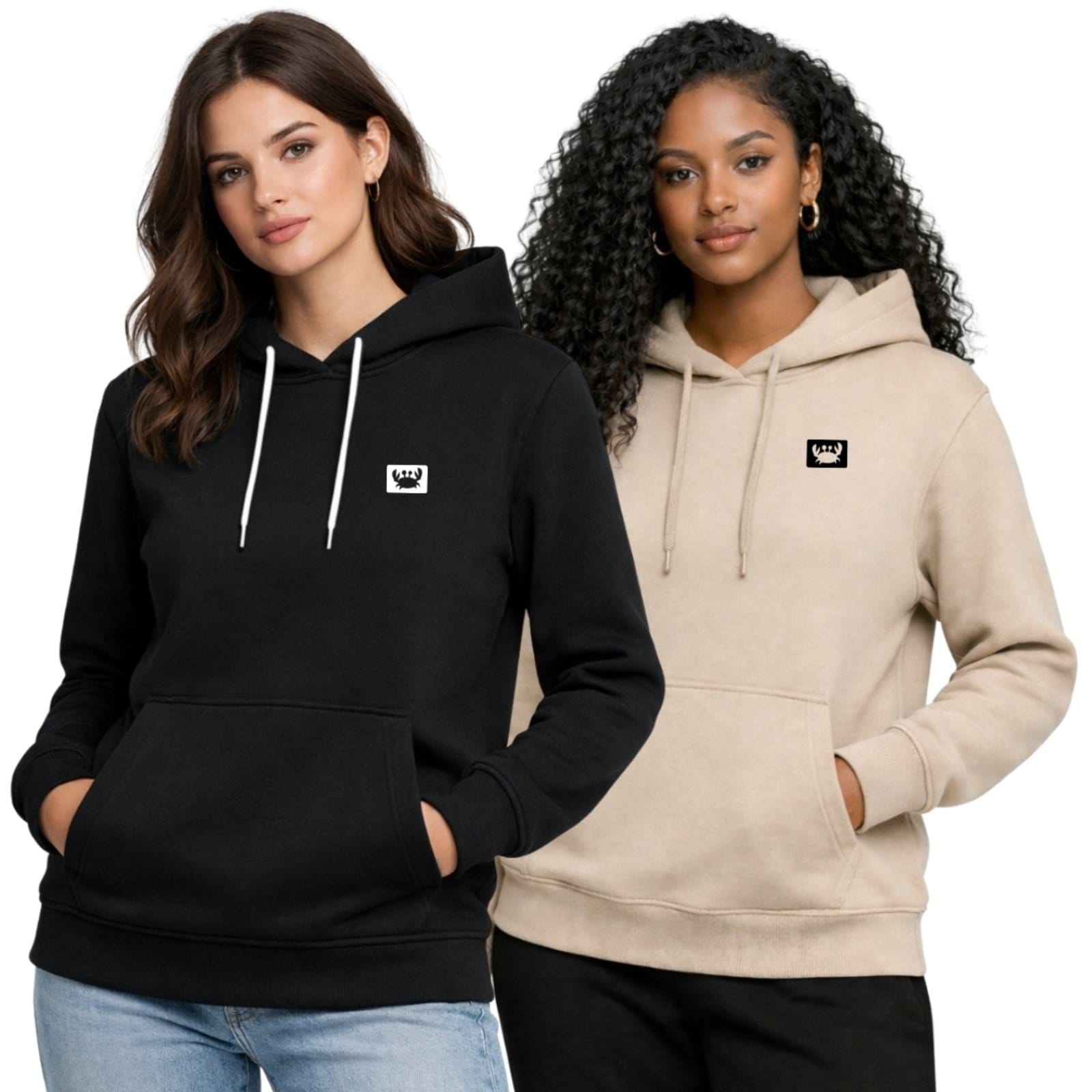 Vista principal Kit 2 Blusa de Frio Moletom Liso Colorido Feminino Relaxado Com Capuz E Bolso Canguru Estampado Siri2 Relaxado bege