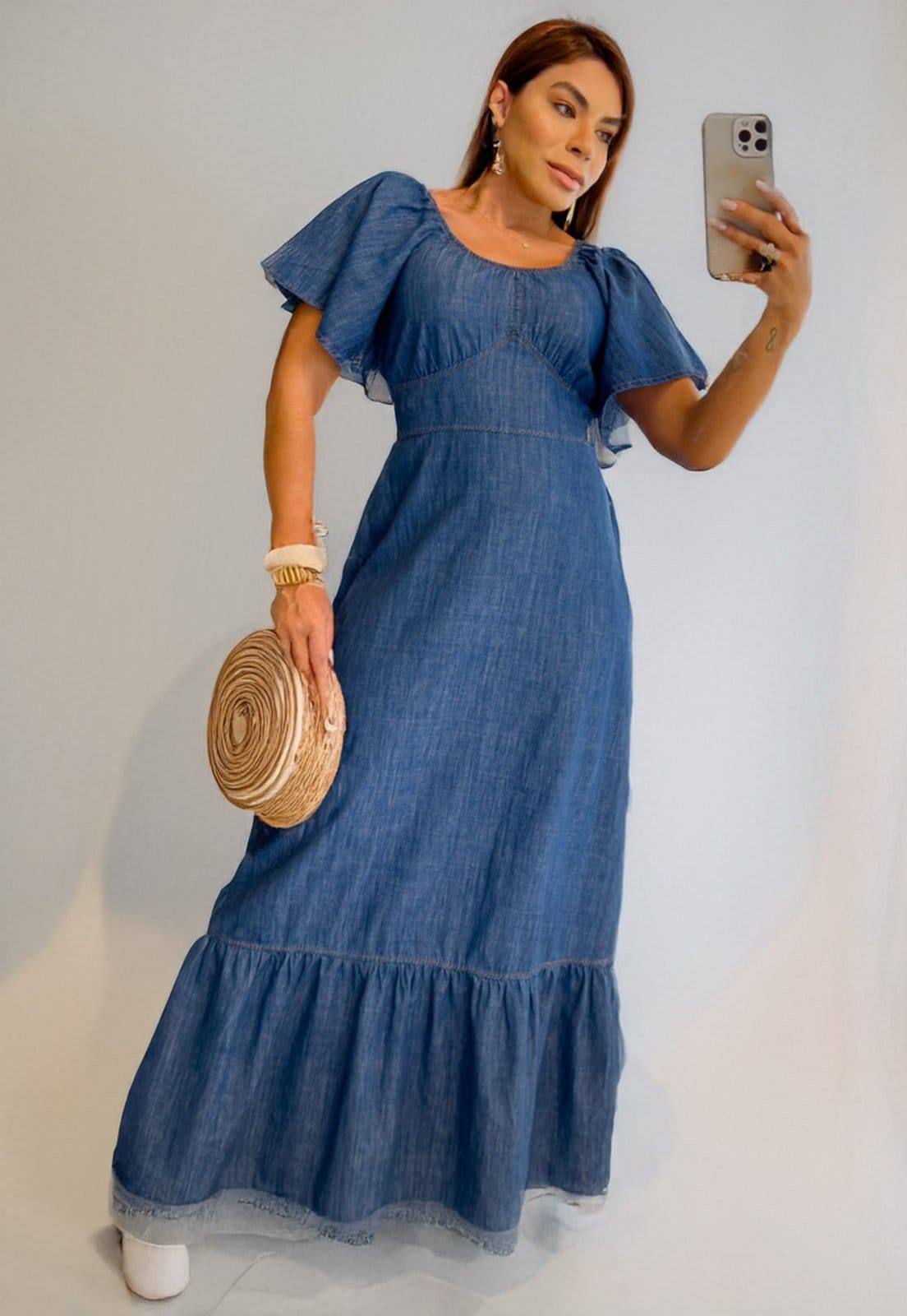 Vestido Cabanafree jeans longo com manga