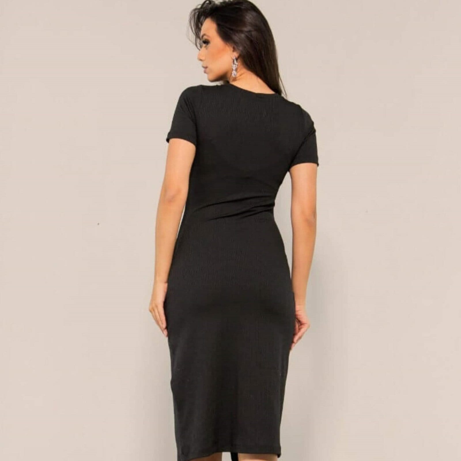 Vista 2 VESTIDO CANELADO COM TRESPASSE MANGA CURTA Art Livre preto