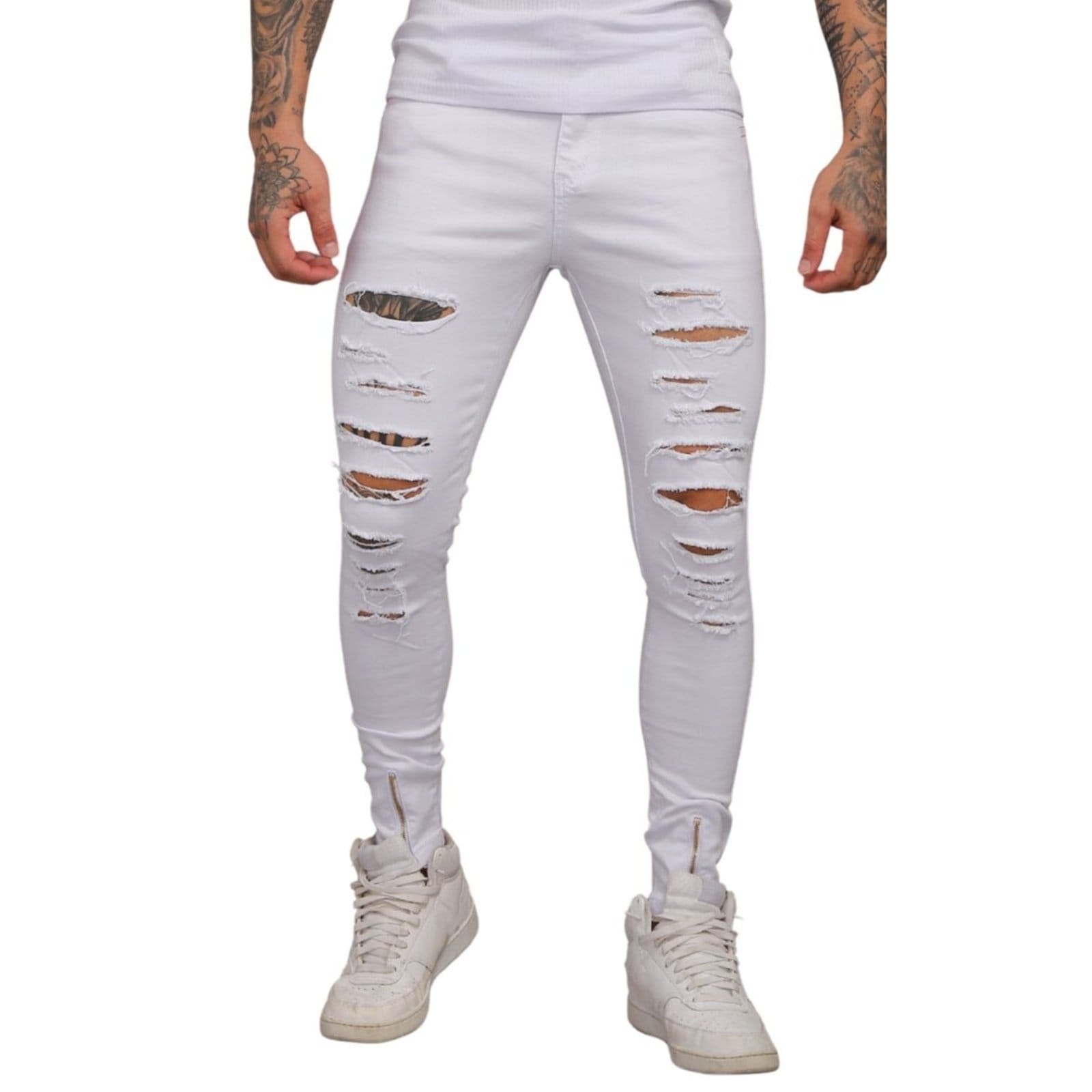 Vista principal Calça Branca Rasgada Com Zíper Sarja Masculina Jeans Loka Macau Jeans Loka branco
