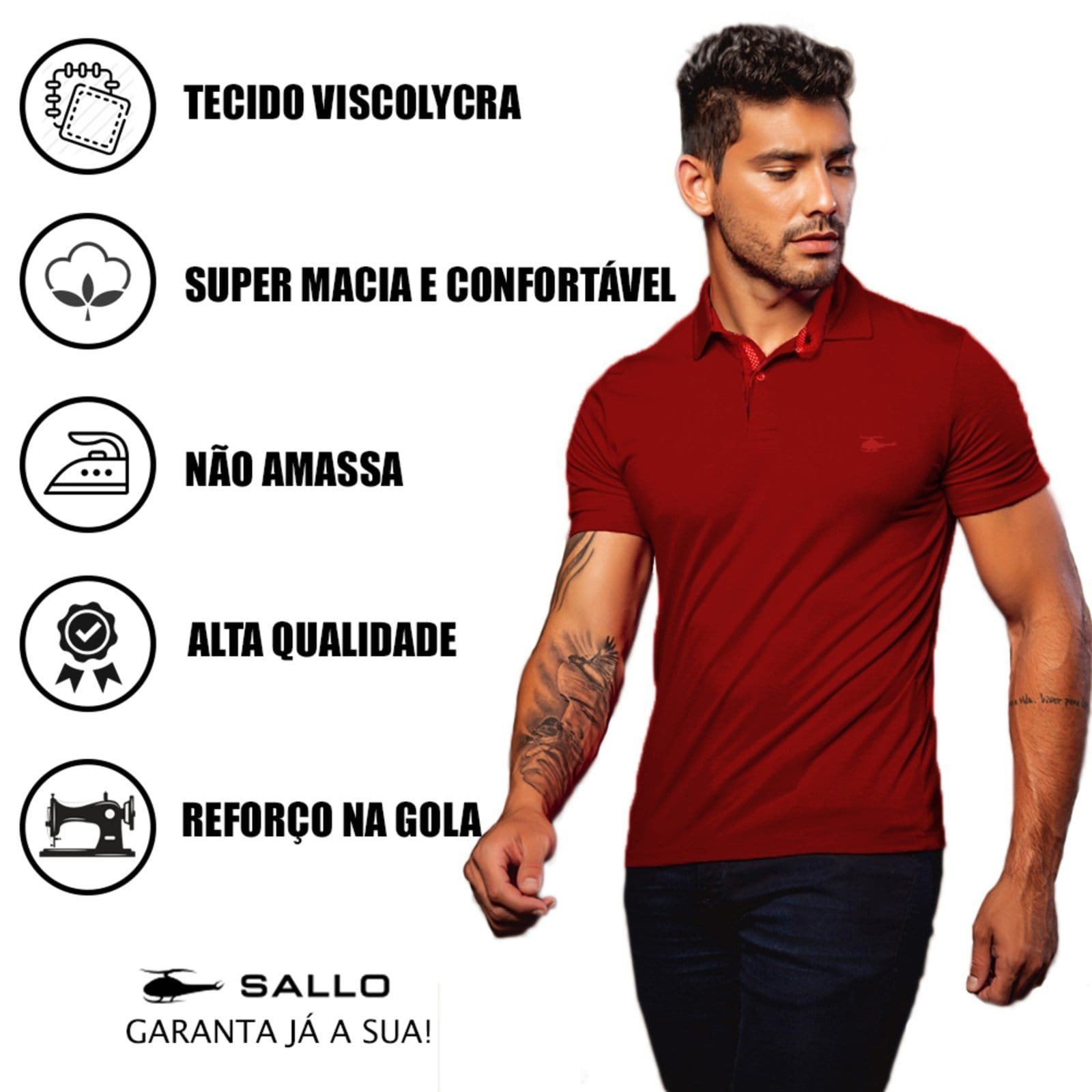 Vista 2 Camiseta Polo Masculina Básica Sallo Premium Tinto Sallo vinho