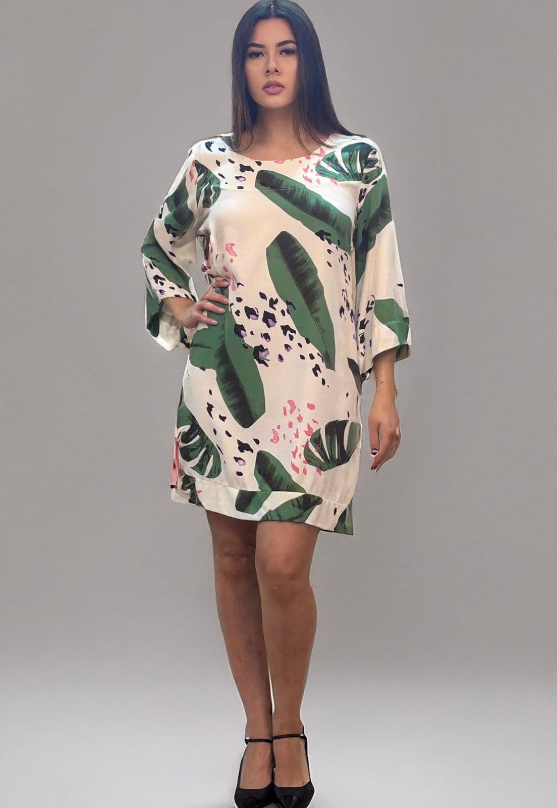 Vestido Curto Amazonia Vital Viscose Manga Ampla Balli Folhagem Poética