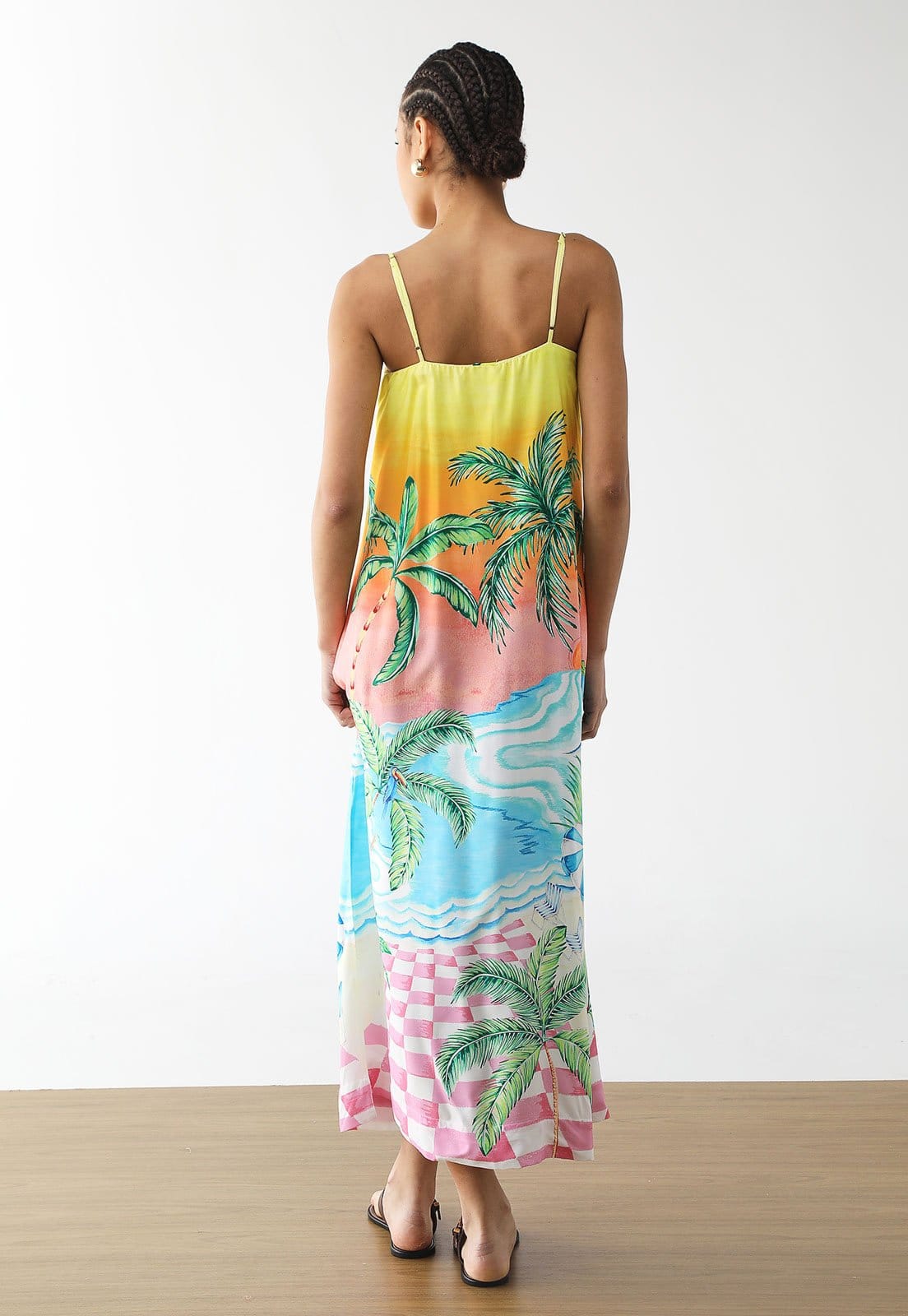 Vista 2 Vestido Feminino FARM Estampa Tropical Degradê Longo FARM amarelo