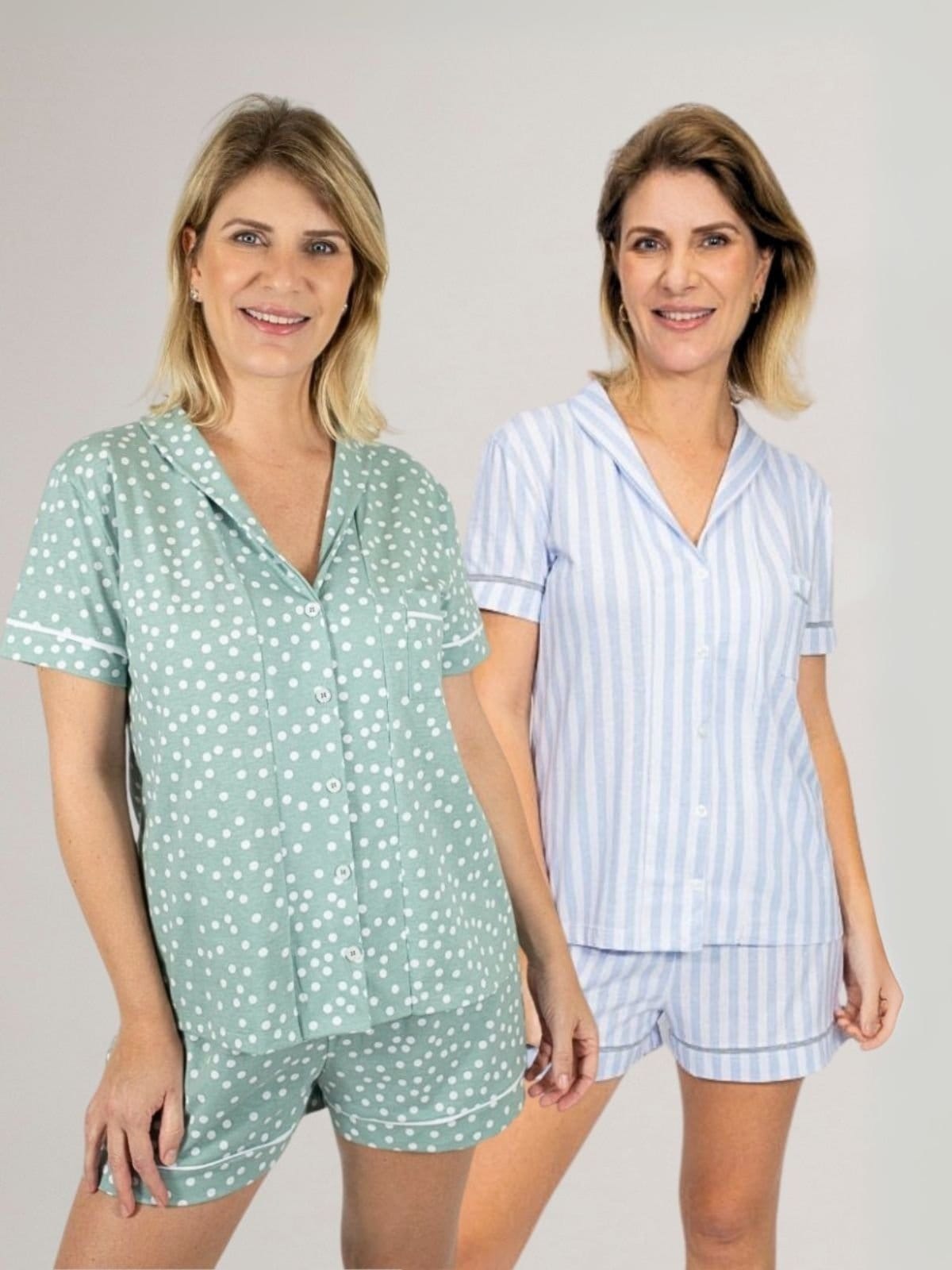 KIT Pijama Americano Curto Listrado + Pijama Americano Curto Verde Poá