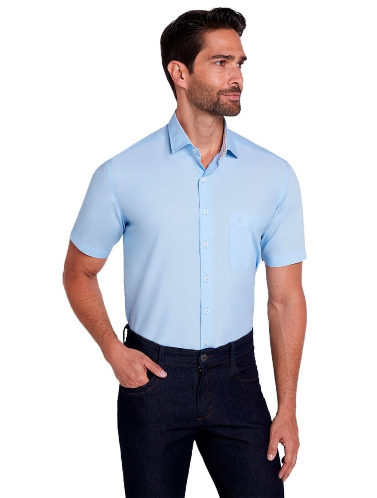 Vista principal Camisa Dudalina Masculina Manga Curta Tricoline Lisa Médio Dudalina azul