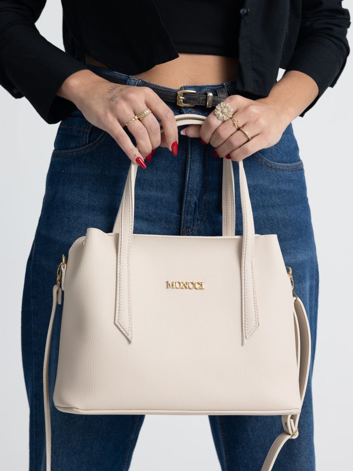 Vista principal Bolsa Moncci Média Alça transversal e alça de mão Marfim MONCCI bege/off-white