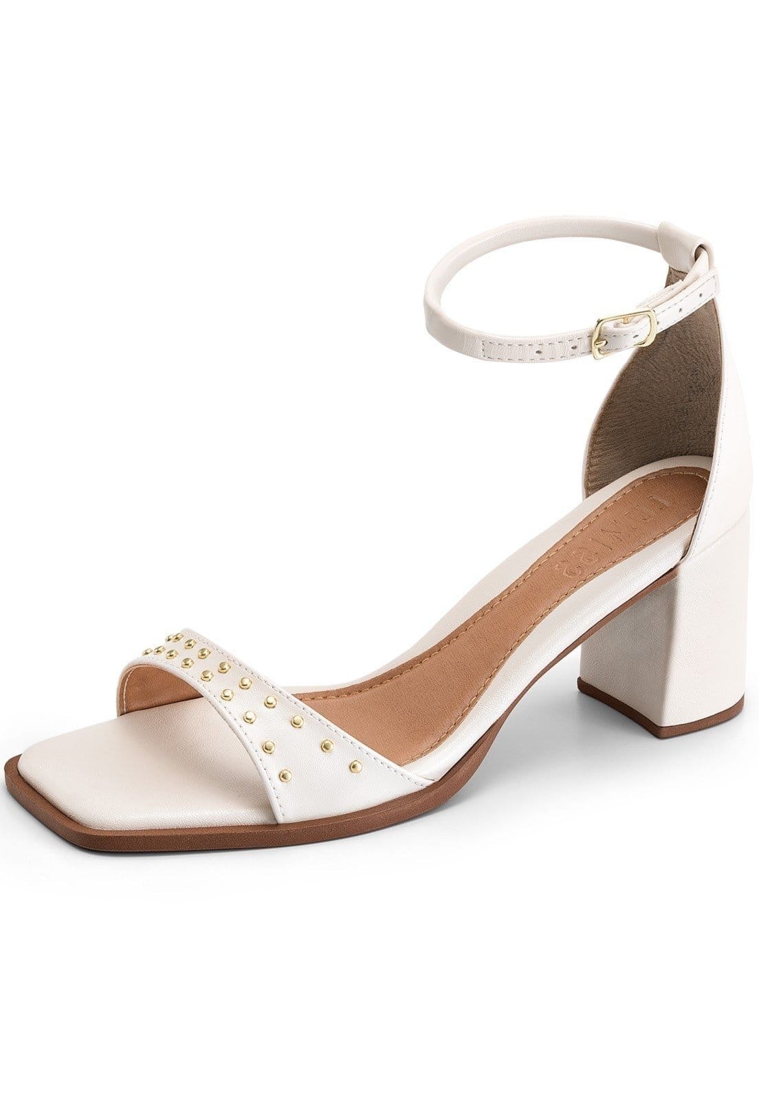 Sandália Feminina Lumiss Salto Baixo Bloco Tachas Dourada Bico Quadrado Off White