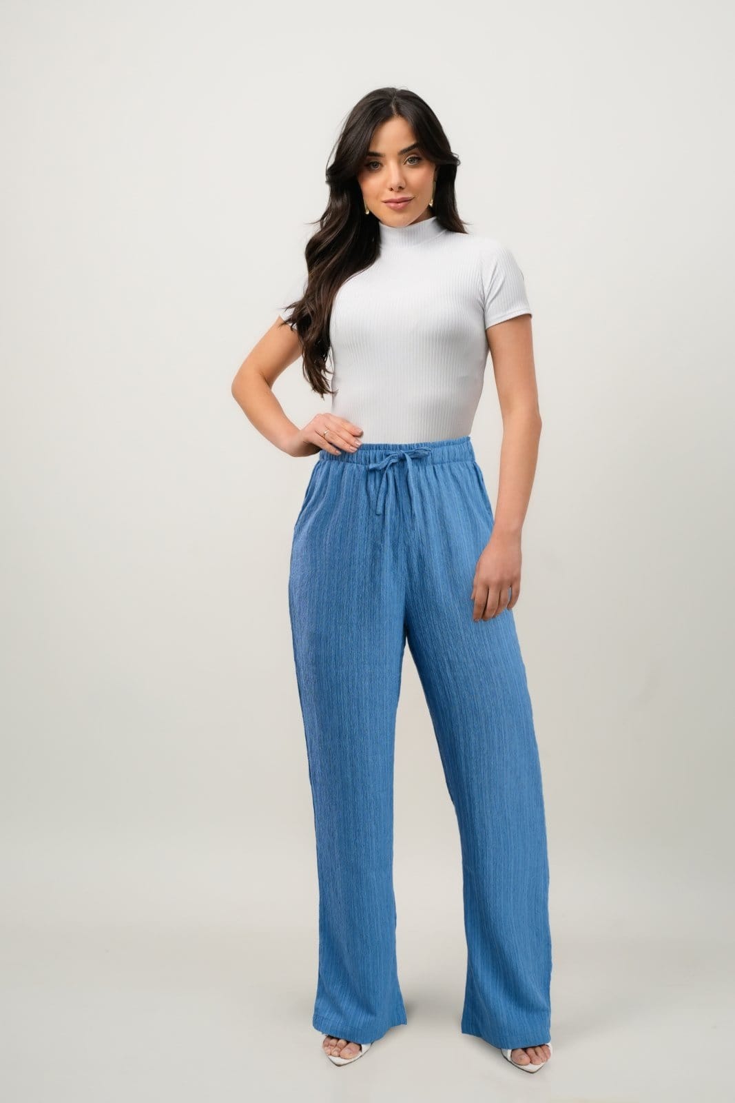 Calça Feminina Sh Fashion Pantalona Em Poliester Cintura Alta Cor