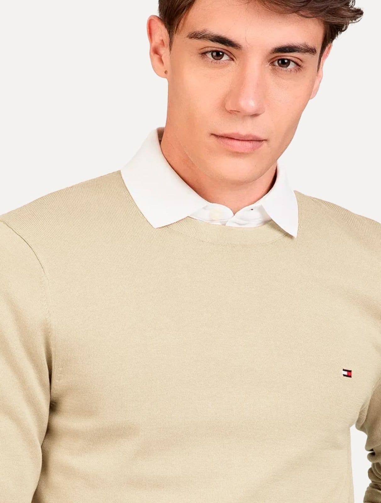 Vista 2 Suéter Tommy Hilfiger Masculino Crewneck Essential Cotton Areia Tommy Hilfiger bege