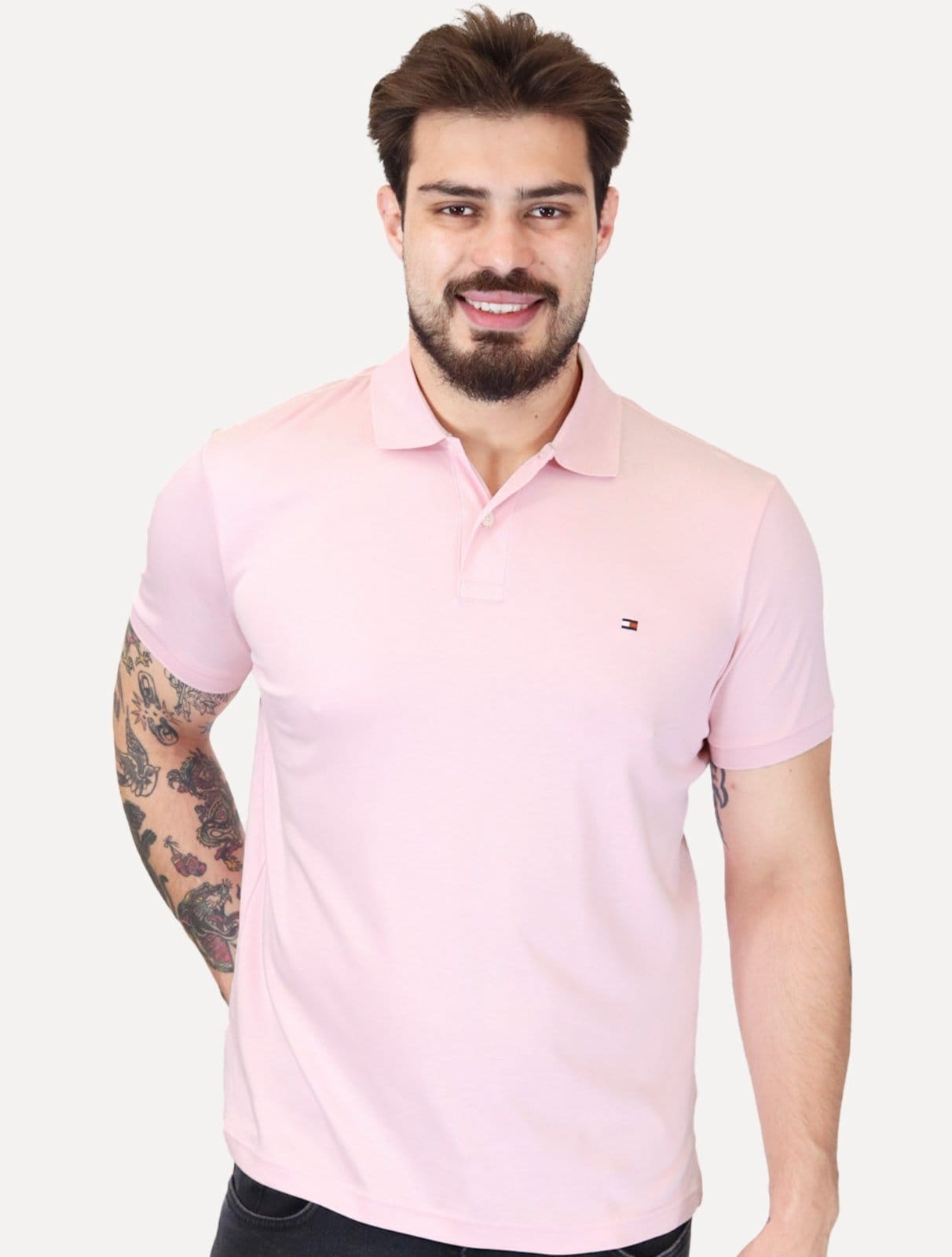 Vista principal Polo Tommy Hilfiger Masculina Malha Liquid Cotton Seasonal Fosco Tommy Hilfiger rosa