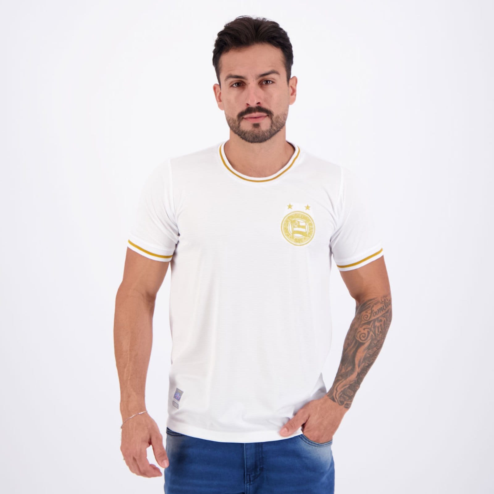 Vista principal Camisa Bahia Retrô Jacquard Branca e Dourada Retrômania branco