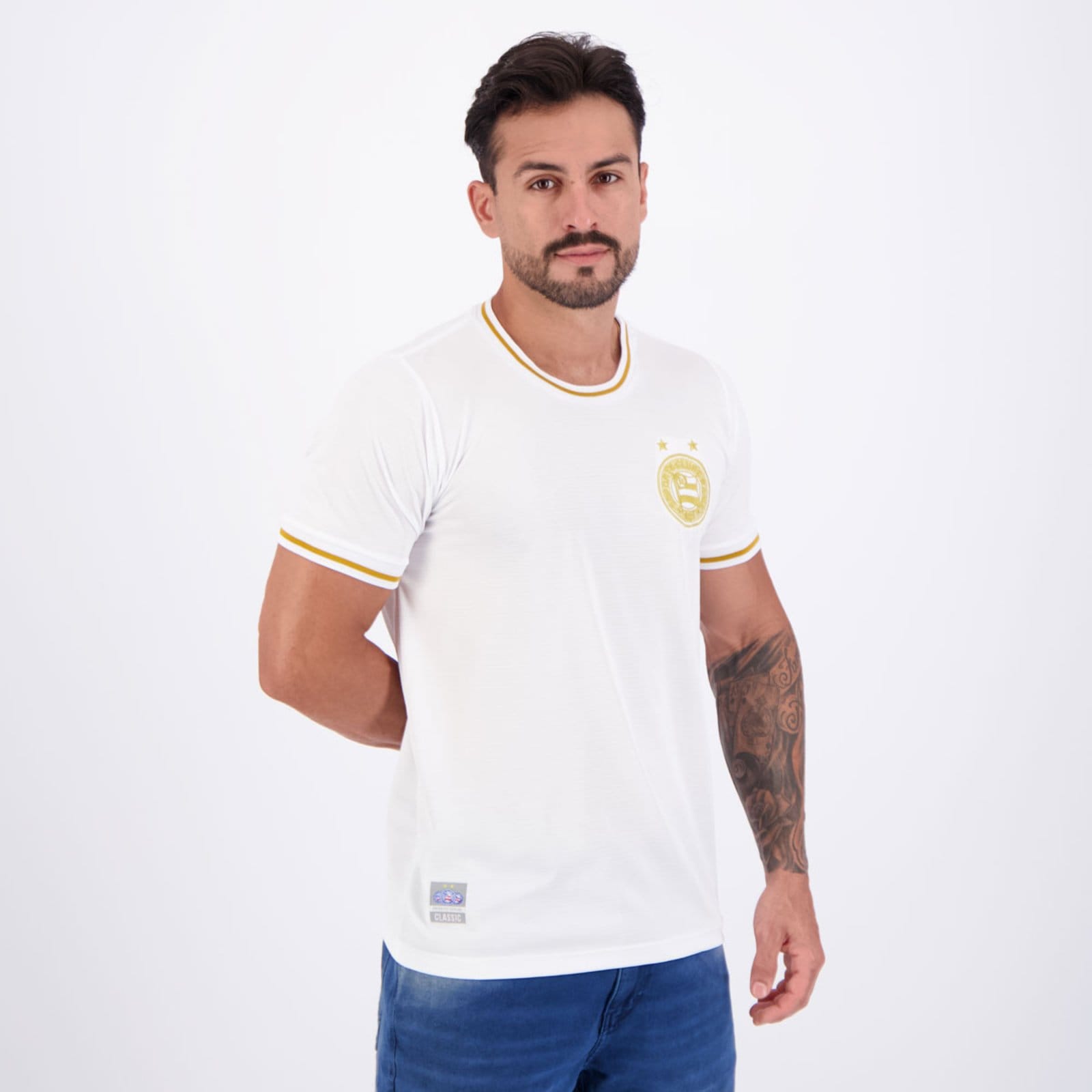 Vista 2 Camisa Bahia Retrô Jacquard Branca e Dourada Retrômania branco