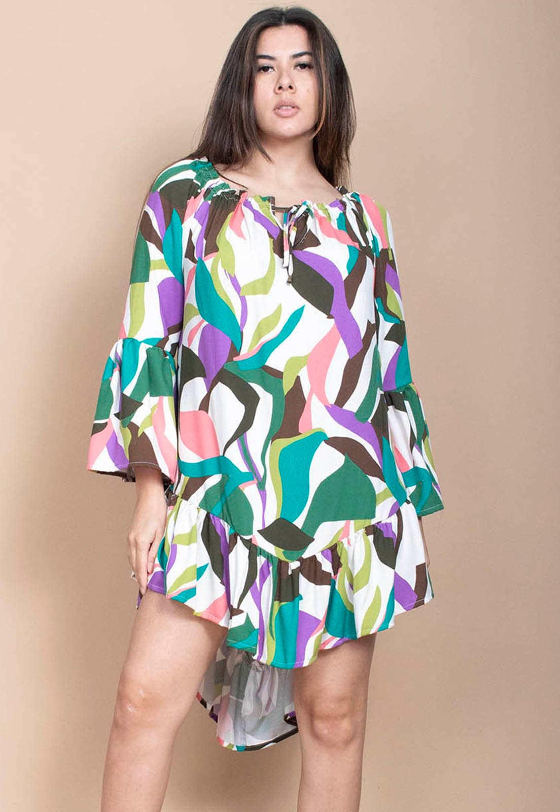 Vista principal Vestido Curto Cabanafree Viscose Com Babados Estampa Encanto Botãnico Cabanafree estampado/rosa/roxo/verde