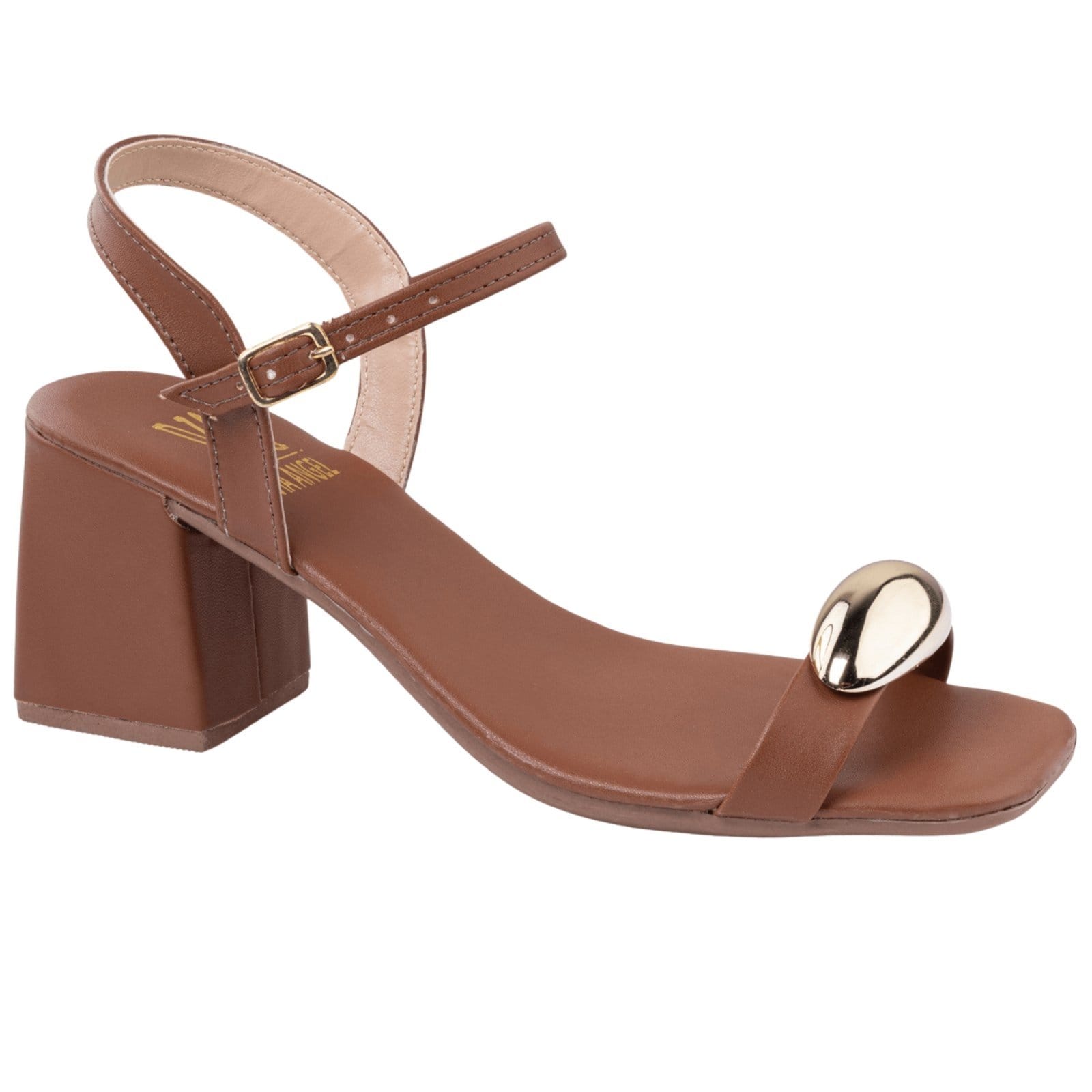 Sandália Feminina Salto Médio Quadrado Enfeite Dourado Delicada Versátil Elegante Confortável Via Angel 8602