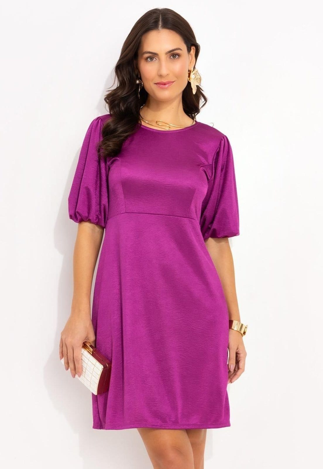 Vista principal Vestido Em Malha Illusione Fúcsia Quintess roxo