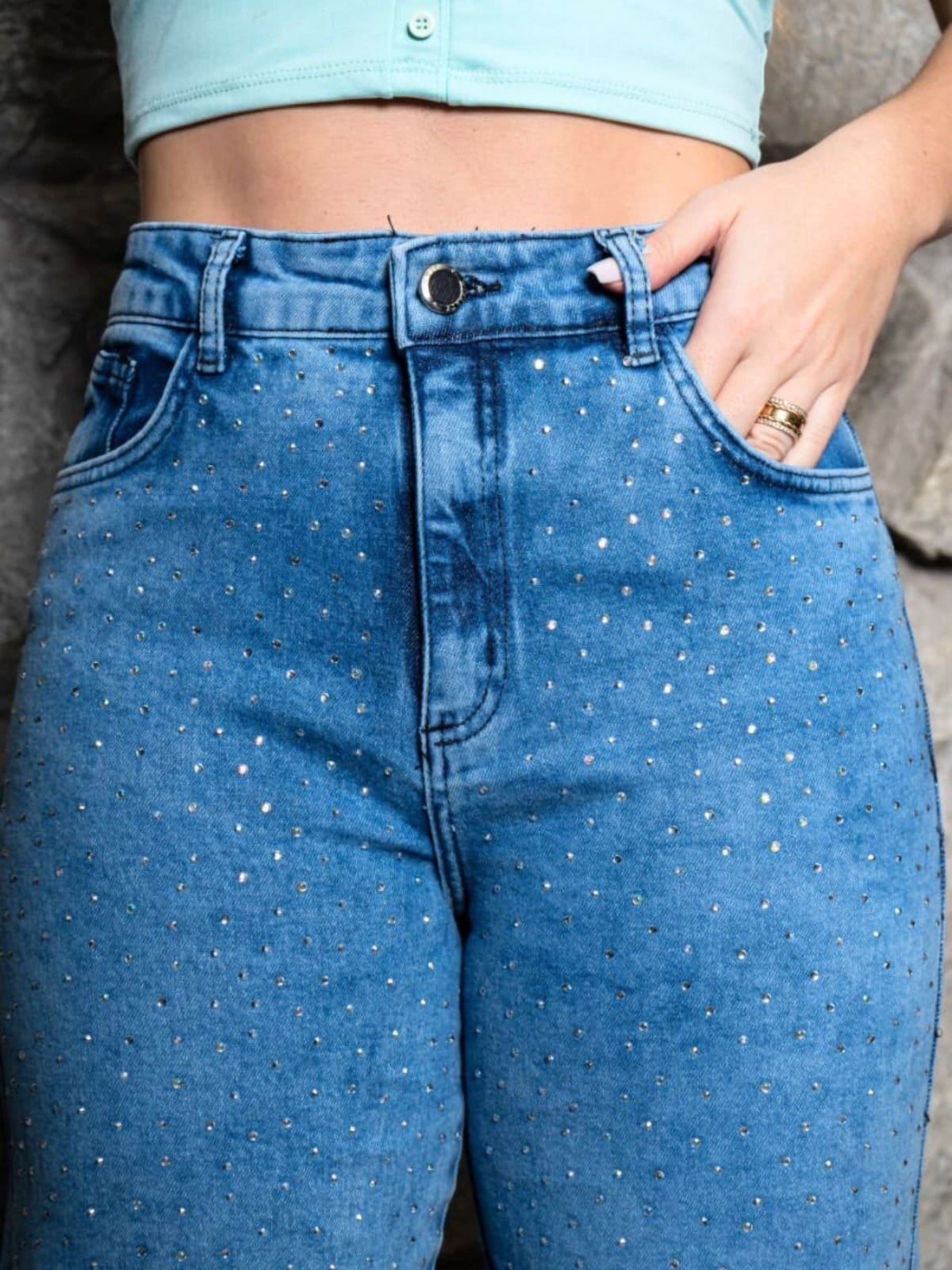 Vista principal Wide Leg Jeans Marmorizado Com Brilhos Feminina Peça Casual Chique Moderna Cintura Alta Brilhos e Strass Donna de Paula azul