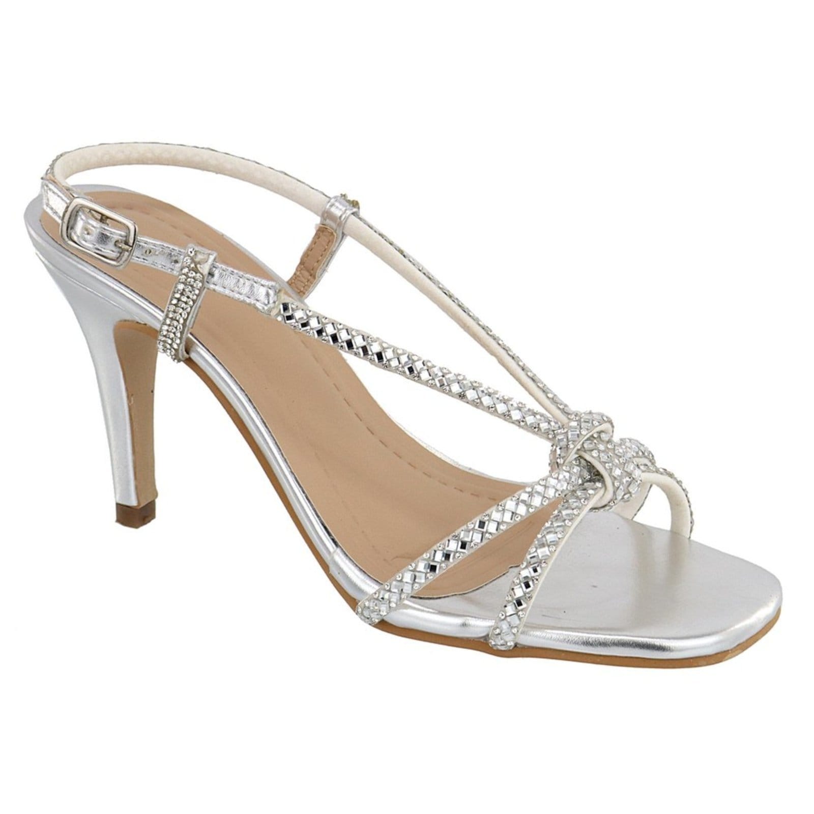 Vista principal Sandália Feminina Salto Fino Metalizada Com Strass 197010 Flor da Pele prata