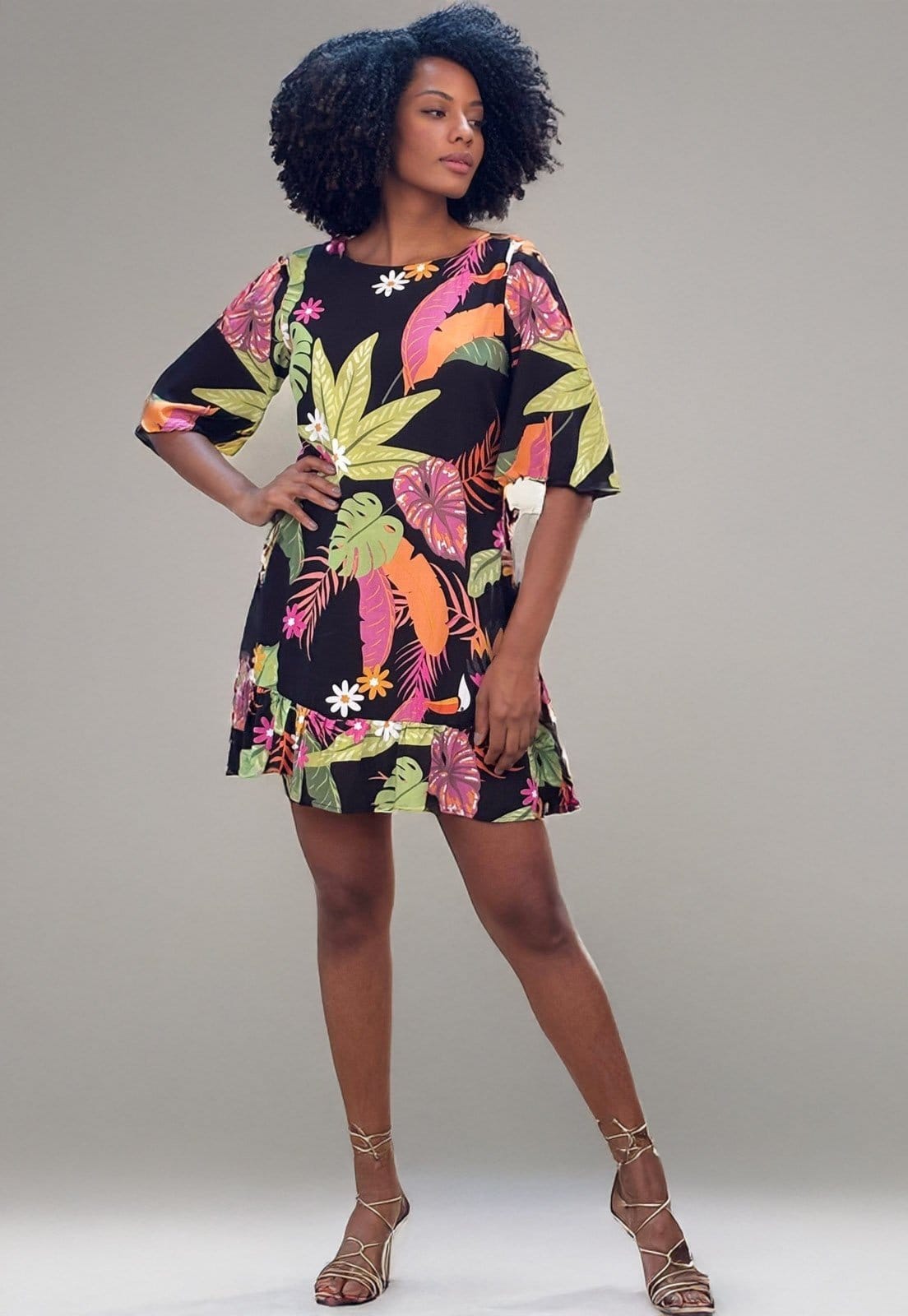 Vista 2 Vestido Amazonia Vital Curto Viscose Balli Manga Ampla Estampa Noite Botânica Amazonia Vital estampado/multicolorido/preto