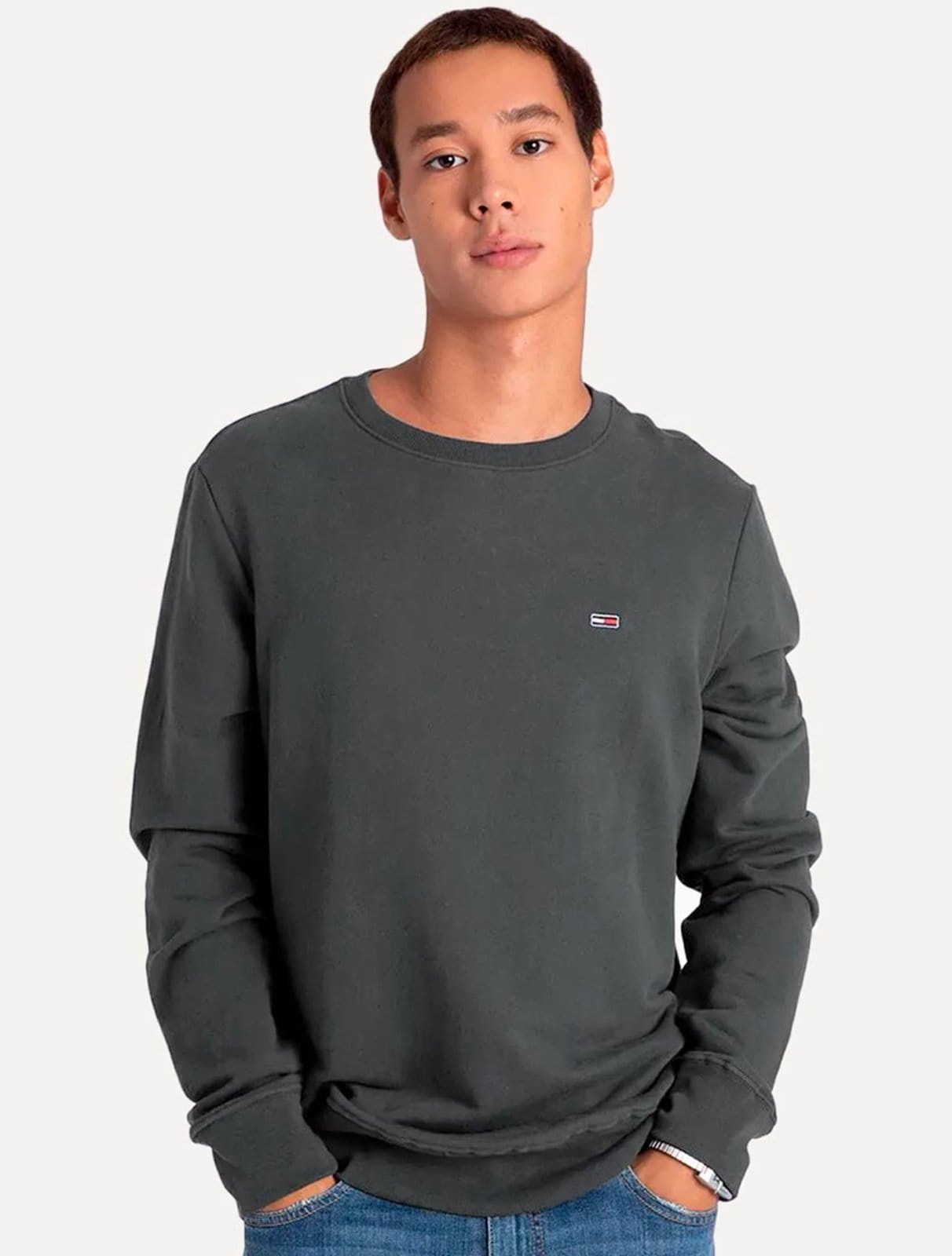 Moletom Tommy Jeans Masculino Fleece Flag Crewneck Chumbo