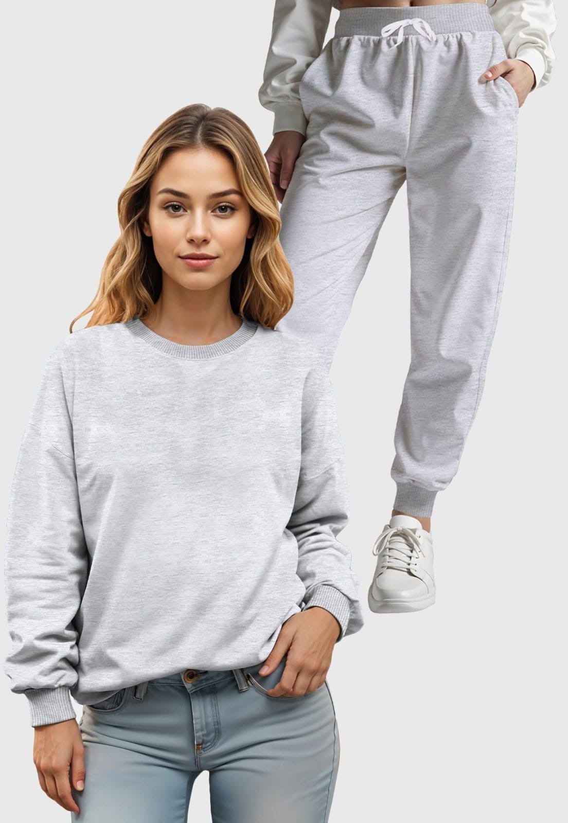 Vista principal Conjunto Moletom Liso Gola Redonda e Calça Feminino Benellys Claro Benellys cinza
