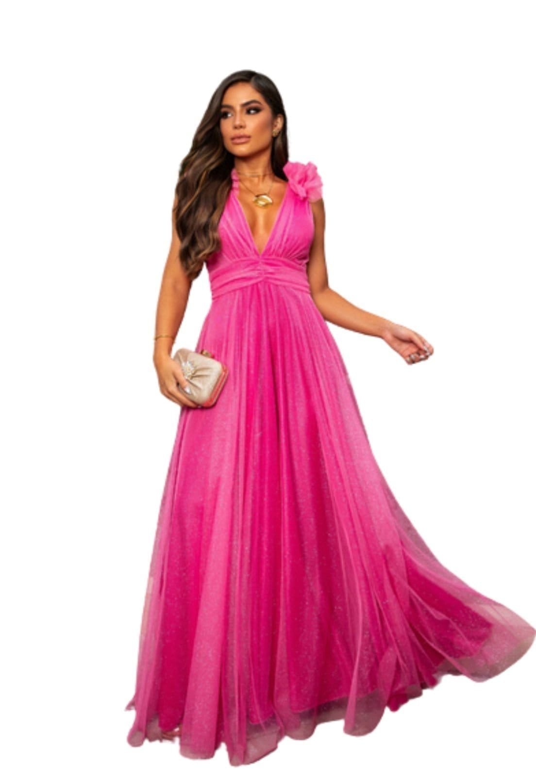 Vestido Longo de Festa Madrinhas com decote em V Detalhes nos Ombros Gylane Chiclete