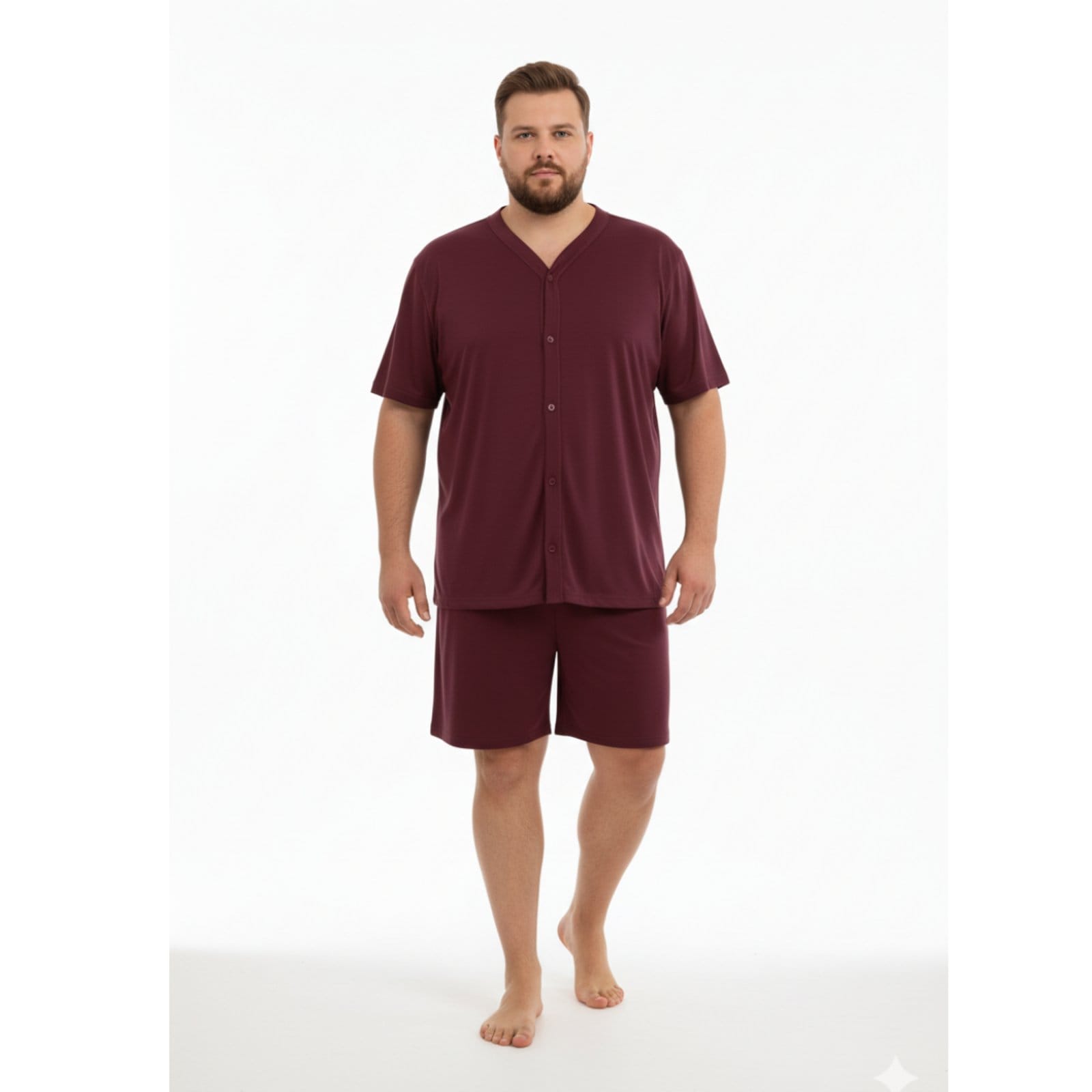 Pijama Americano Curto Masculino Aberto Plus Size Adulto Verão Calor Malha Fria Manga Curta G1 G2 G3 G4 50 52 54 Conforto Botão Abotoado Homen Mechler Vinho