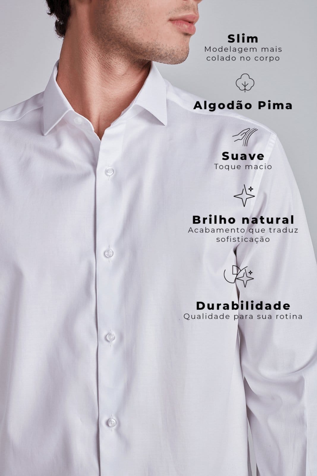Vista 2 HIGHSTIL Camisa Social Lisa Algodão Pima Slim Fit HIGHSTIL branco