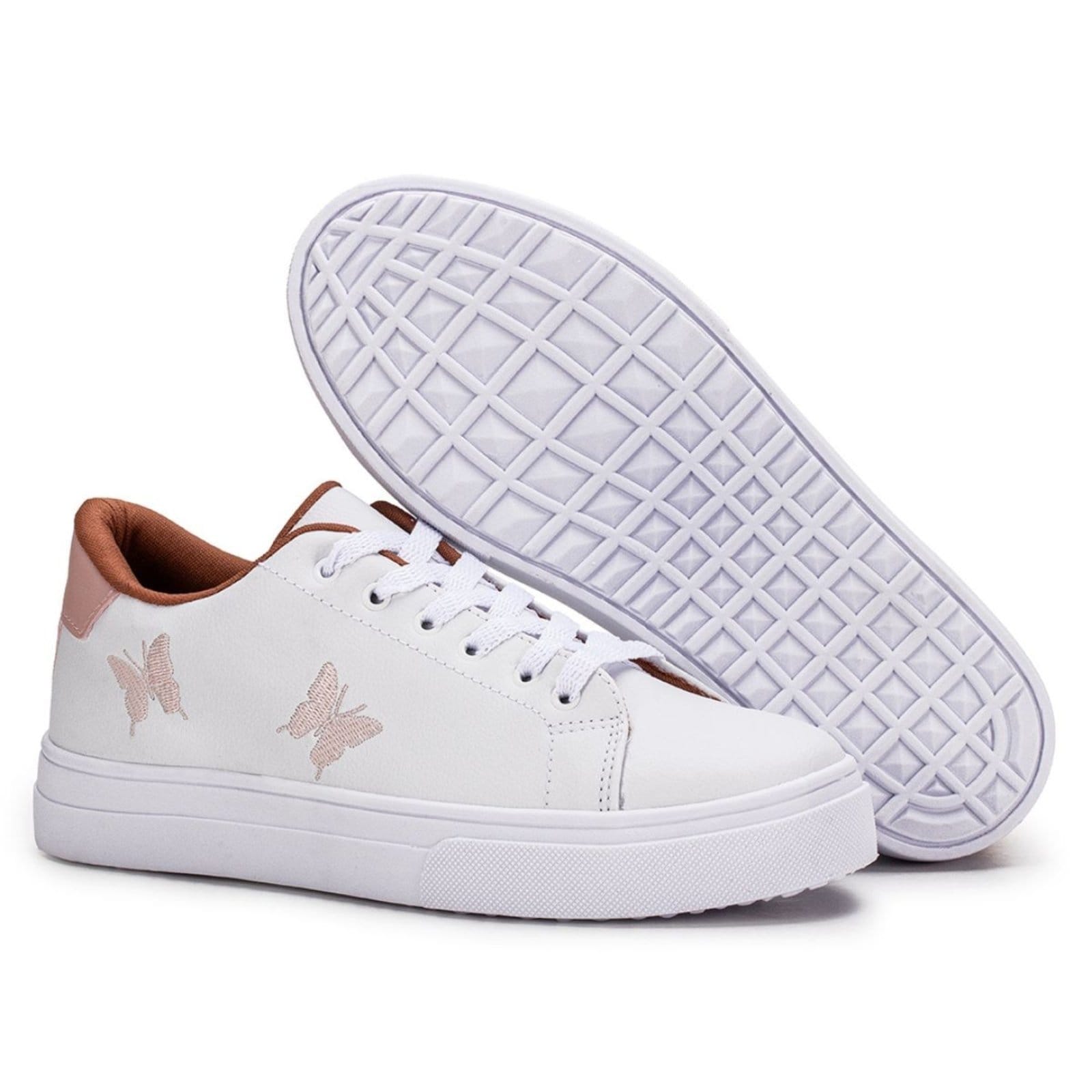 Vista 2 Tenis Feminino Casual Rosa Borboleta Confortável Estilo Shoes branco/nude rosa