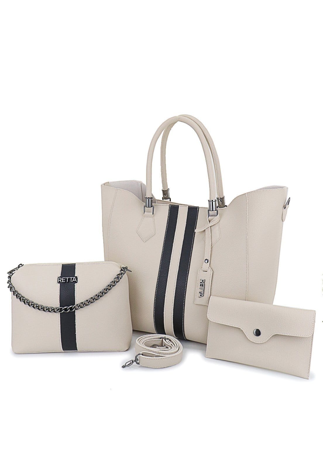 Kit Bolsa Feminina Sacola Transversal e Necesserie Retta Oficial Marfim