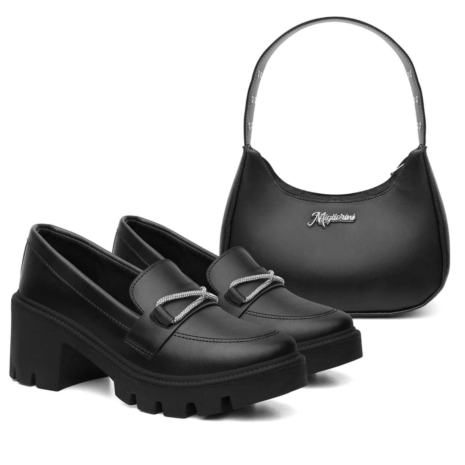 Vista 2 Kit Oxford Mocassim Tratorado Brilho Salto Grosso Bolsa Ombro MIGLIORINI CALÇADOS preto