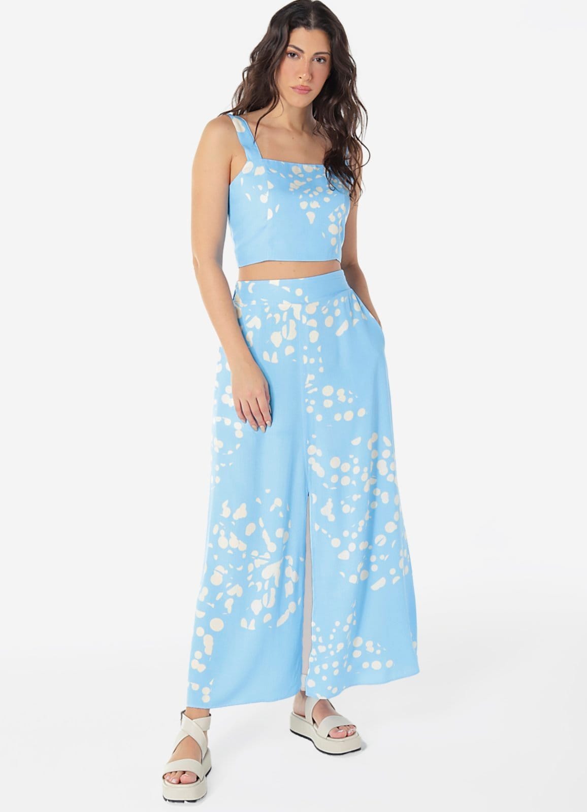 Vista principal Conjunto Saia Longa com Bolsos e Top Estampado SOB azul