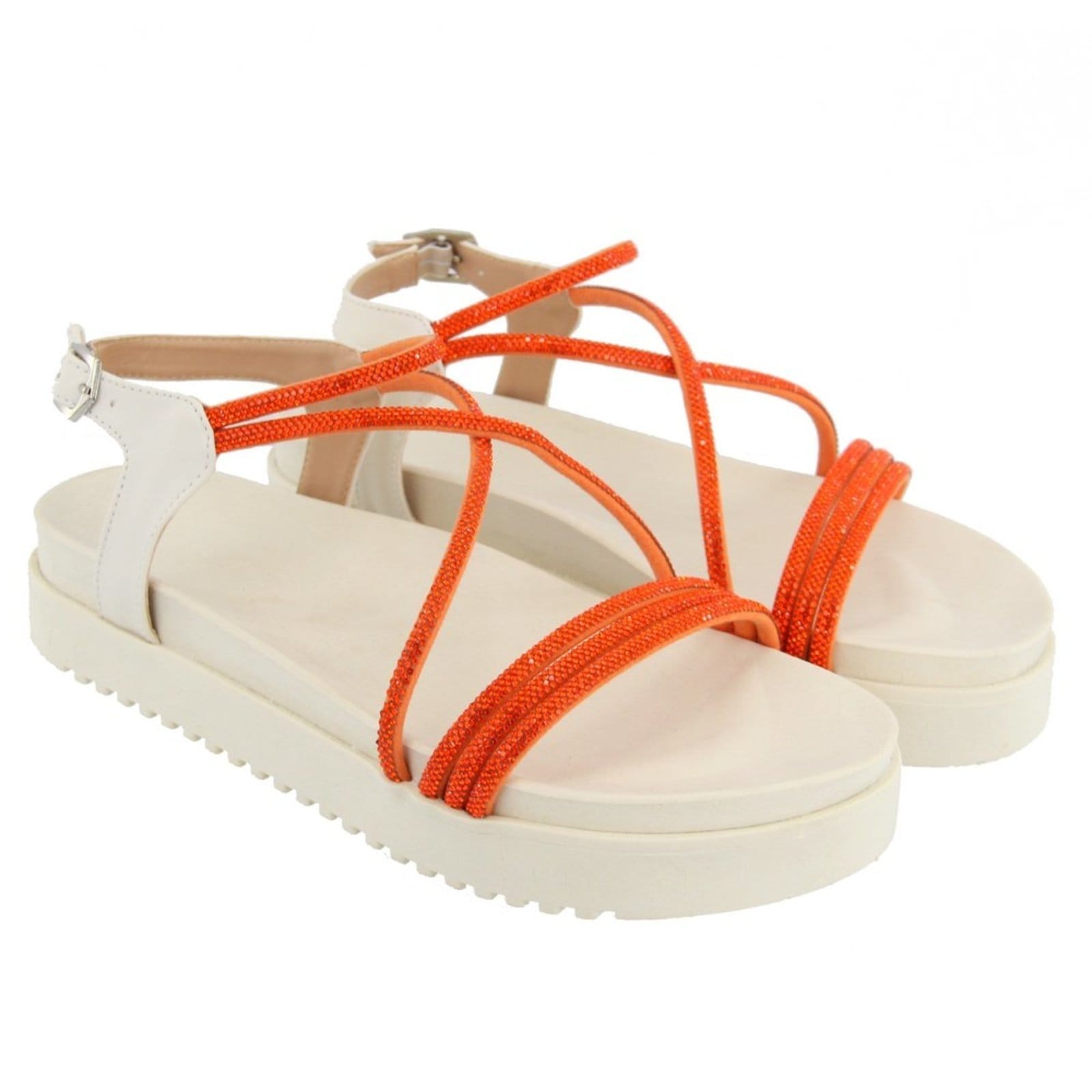 Vista 2 Sandália Papete Flatform Feminina Off White Com Tiras De Strass 199057 Flor da Pele branco/laranja/off-white white