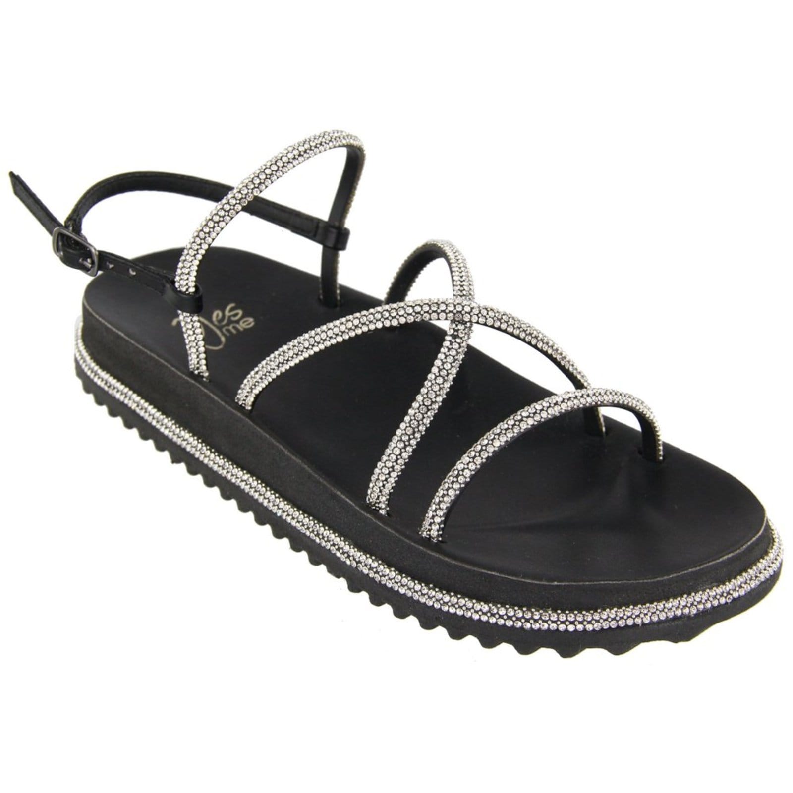 Vista principal Sandália Papete Feminina Casual Em Tiras de Strass Elegante Preta Nine4 preto