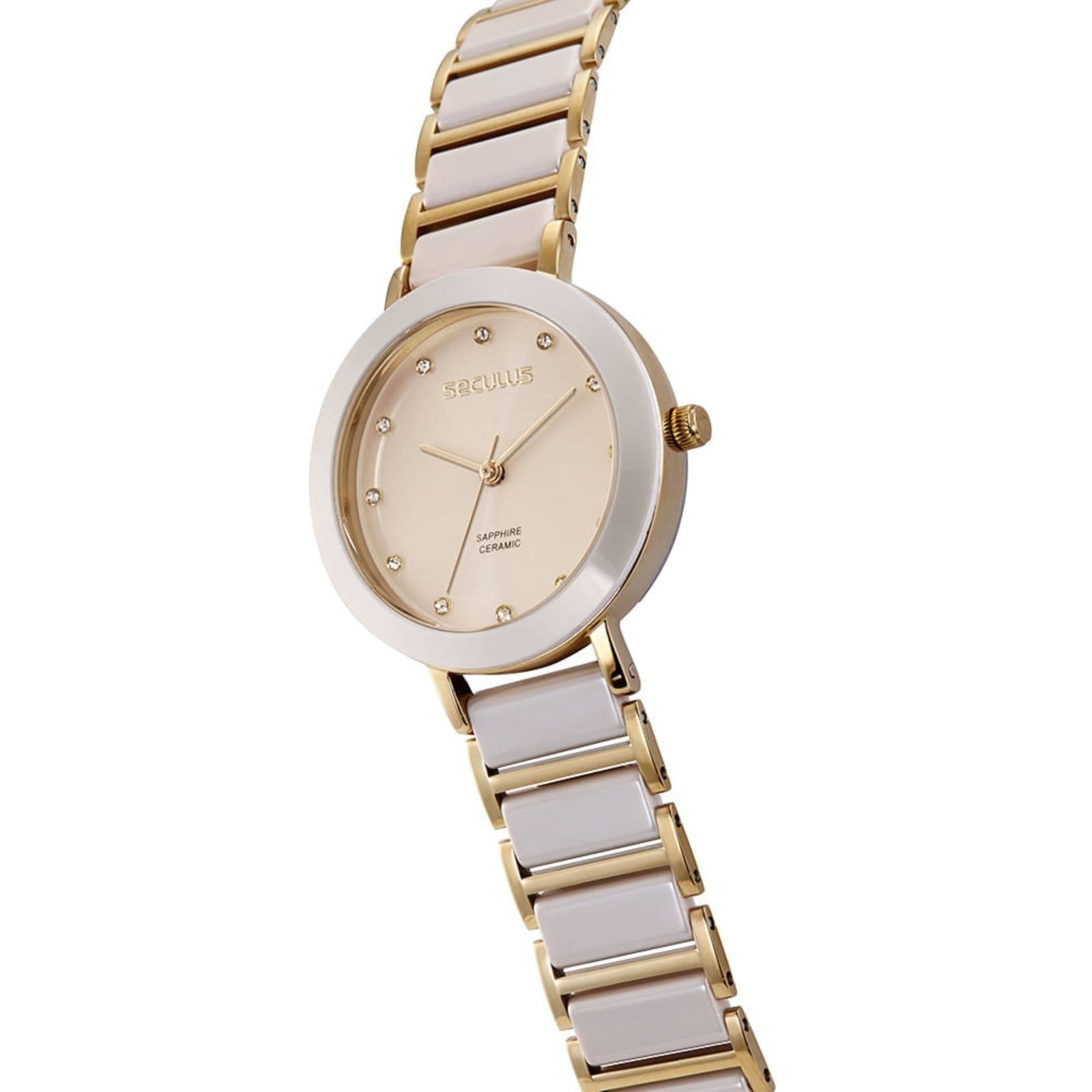 Vista 2 Relógio Feminino Analógico Cerâmica Cristais Rosa Seculus dourado rosa
