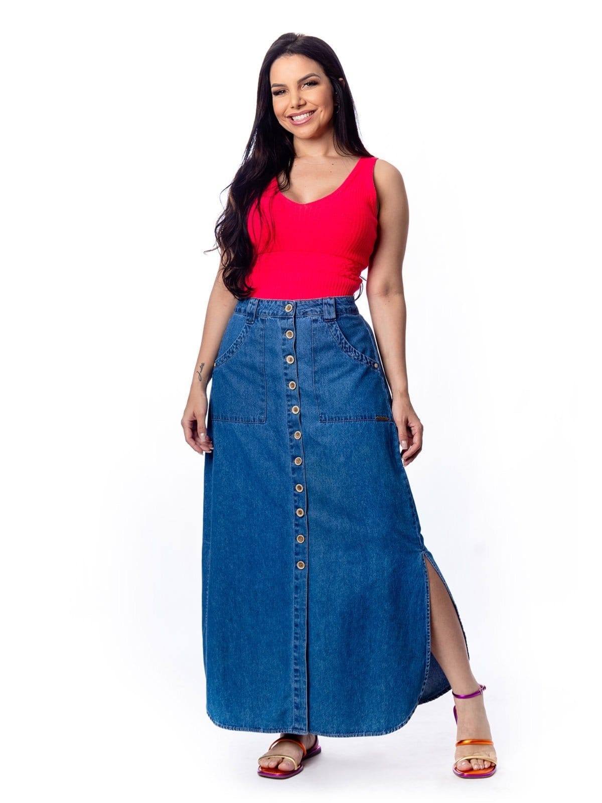 Vista principal Saia Longa Restrito Jeans Com Elástico e Fenda MÉDIO Restrito Jeans azul