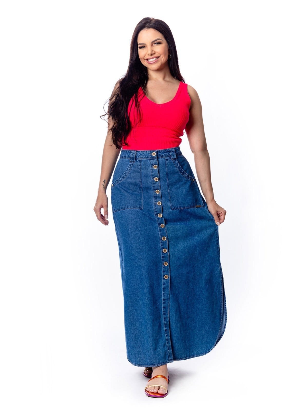 Vista 2 Saia Longa Restrito Jeans Com Elástico e Fenda MÉDIO Restrito Jeans azul