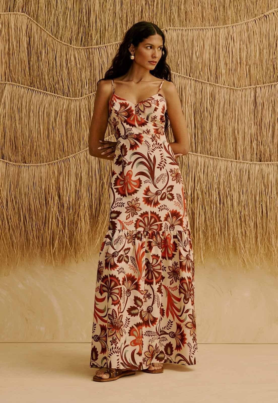 Vista principal Vestido Longo Babado Estampado Tika CaCay marrom