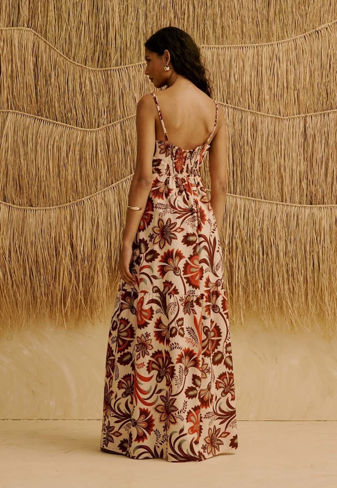 Vista 2 Vestido Longo Babado Estampado Tika CaCay marrom