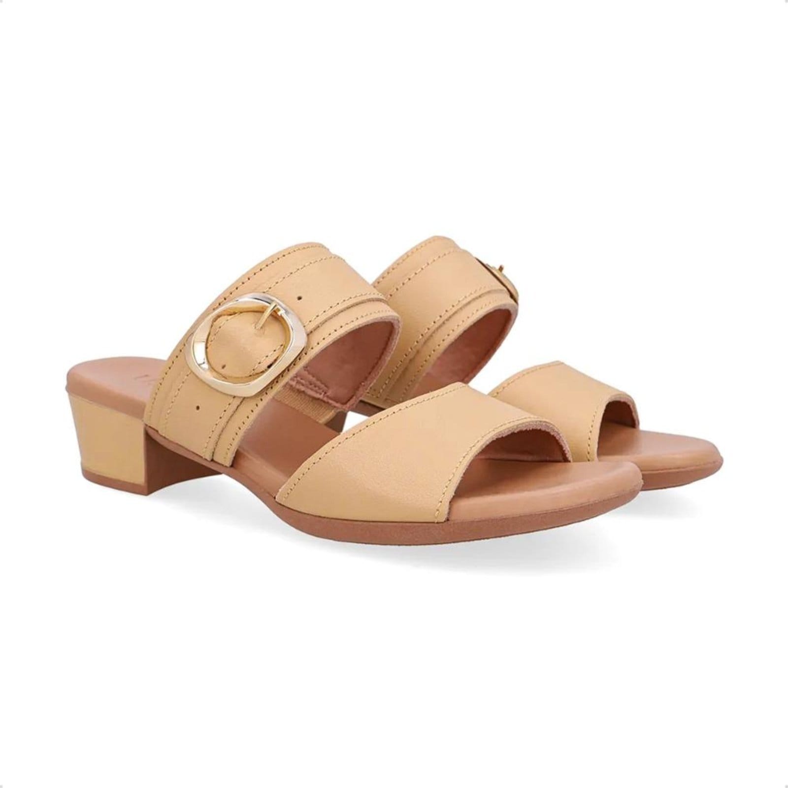 Vista 2 Tamanco Usaflex Feminino Salto Bloco Couro Fivela UD12001 Usaflex bege