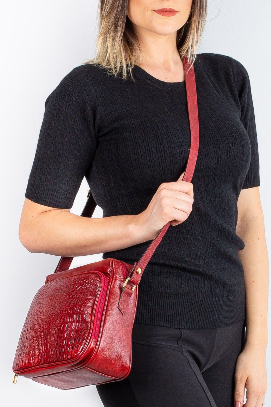 Bolsa Andrea Vinci De Couro Croco Tiracolo Com Divisórias Rita