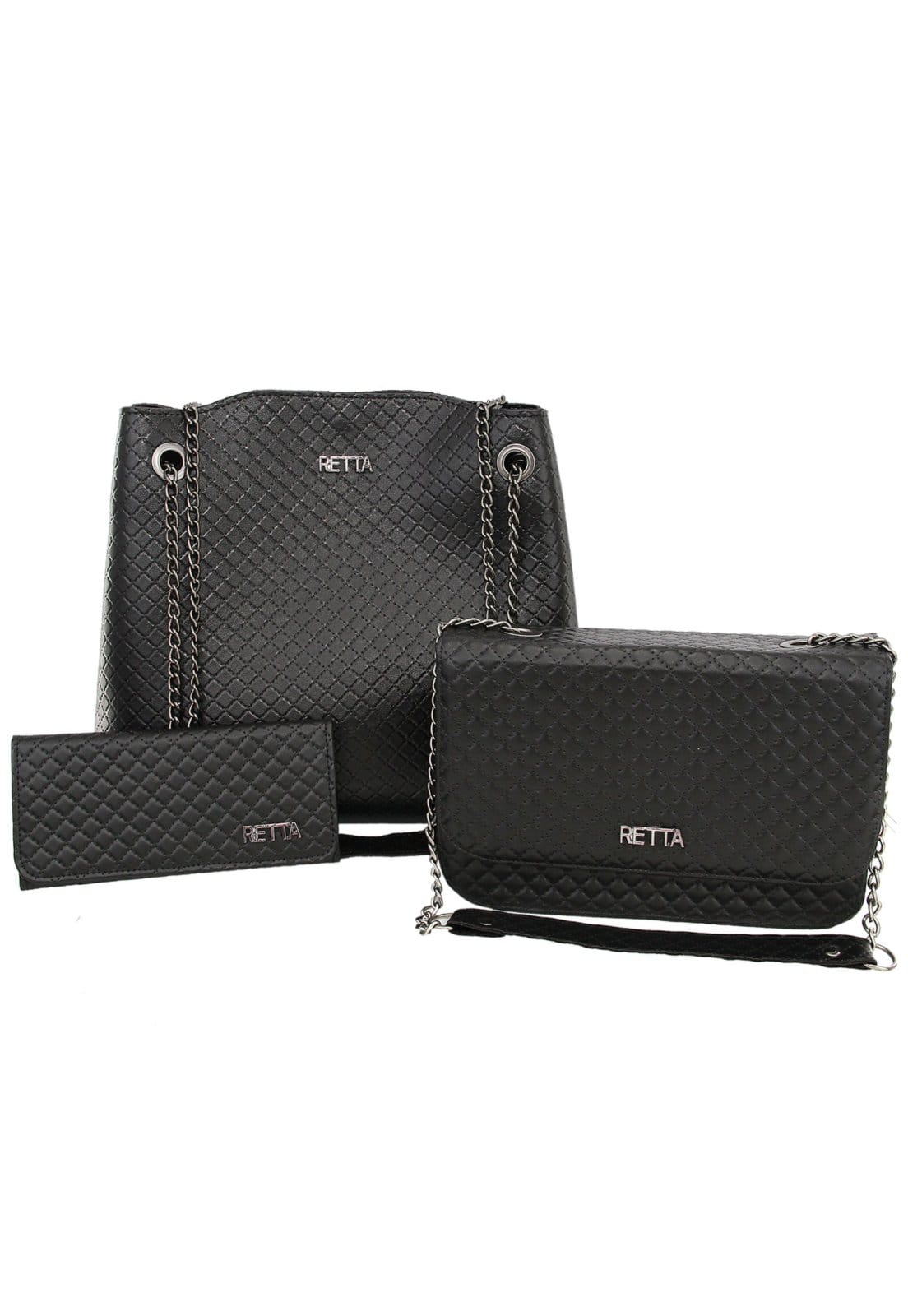 Kit 3 peças Retta Bolsa Saco, Bolsa Baú Pequena e Carteira preta