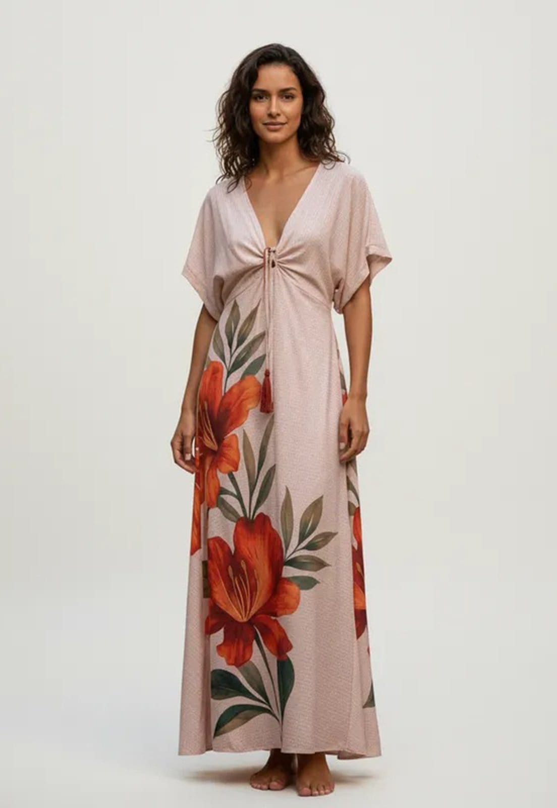 Vestido Amazonia Vital Midi Plus Viscose Morcego Estampa Hibisco